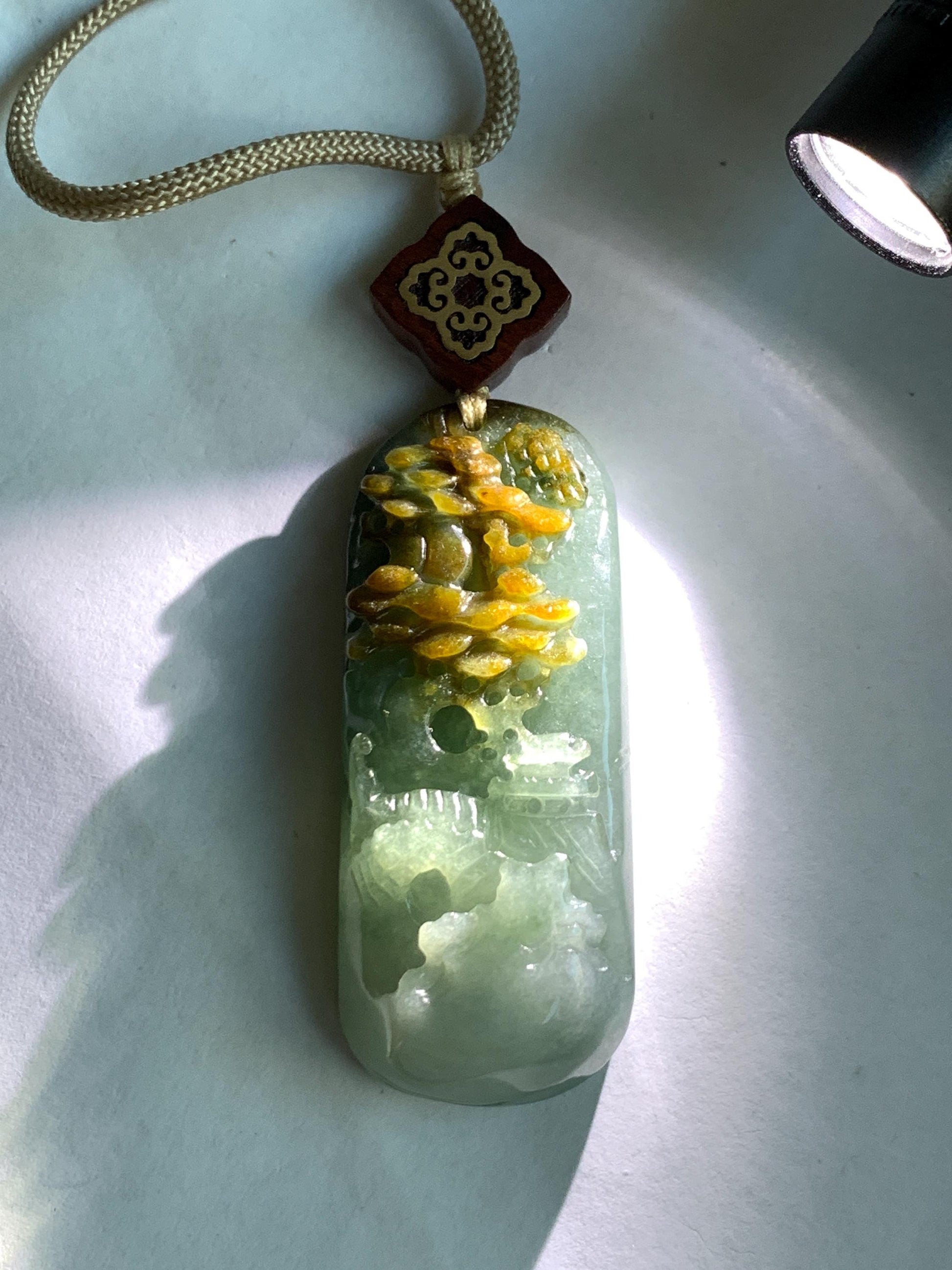 Natural Grade A Icy Translucent White Green Golden Brown Marbled Tricolored Jadeite Shan Shui Pendant Rope Necklace 天然冰三彩翡翠山水大吊坠 MSC210