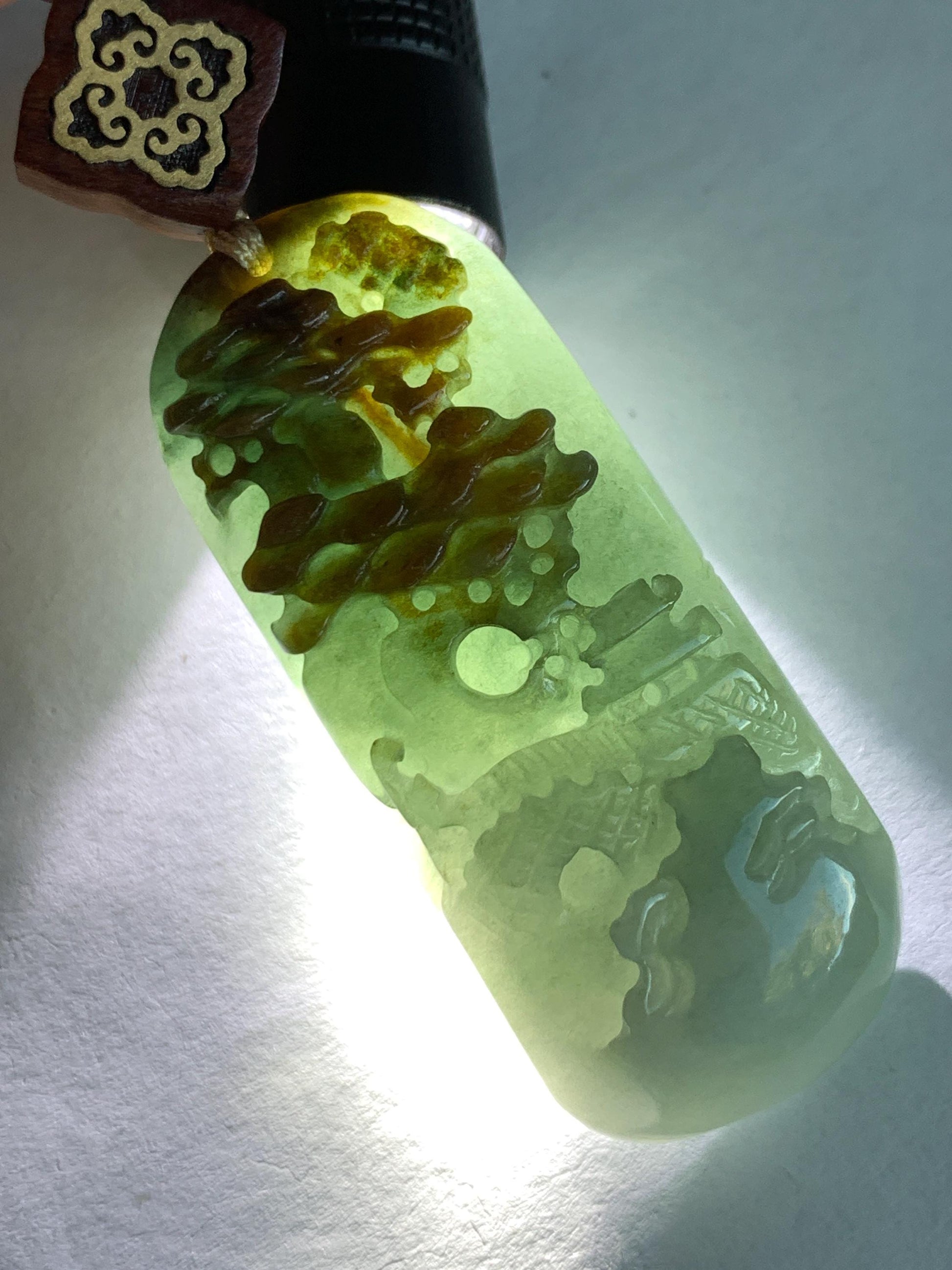 Natural Grade A Icy Translucent White Green Golden Brown Marbled Tricolored Jadeite Shan Shui Pendant Rope Necklace 天然冰三彩翡翠山水大吊坠 MSC210