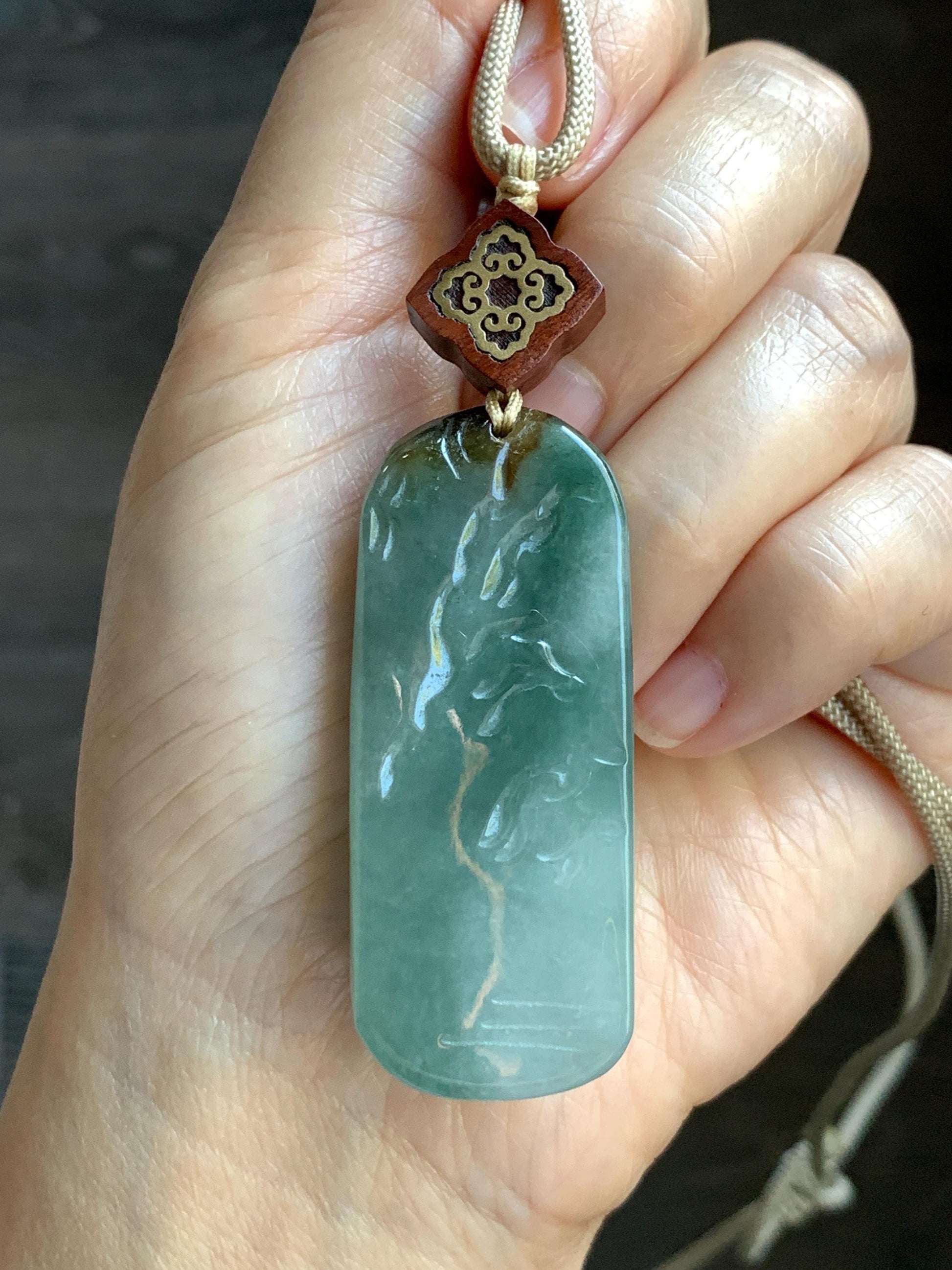 Natural Grade A Icy Translucent White Green Golden Brown Marbled Tricolored Jadeite Shan Shui Pendant Rope Necklace 天然冰三彩翡翠山水大吊坠 MSC210