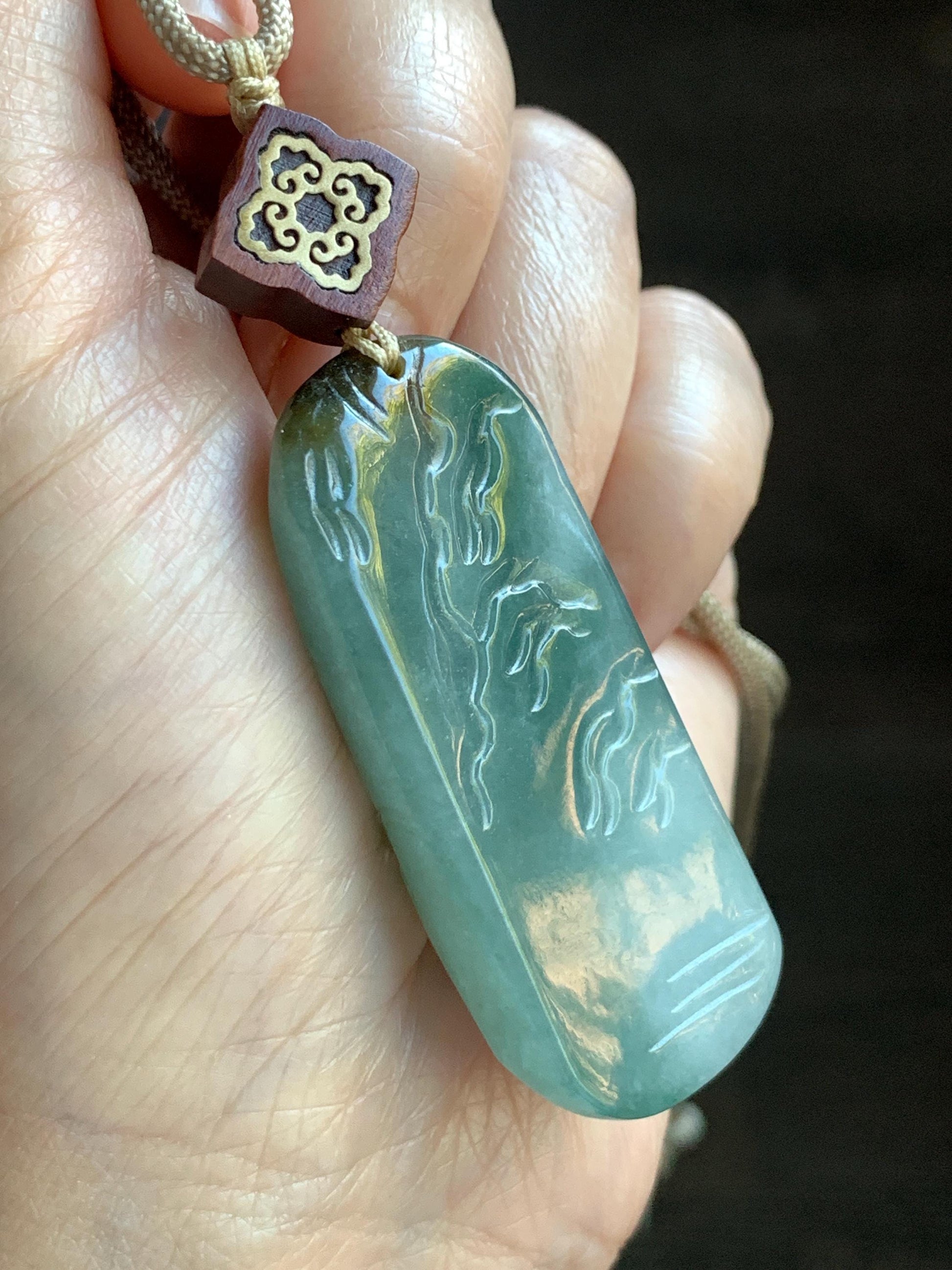 Natural Grade A Icy Translucent White Green Golden Brown Marbled Tricolored Jadeite Shan Shui Pendant Rope Necklace 天然冰三彩翡翠山水大吊坠 MSC210