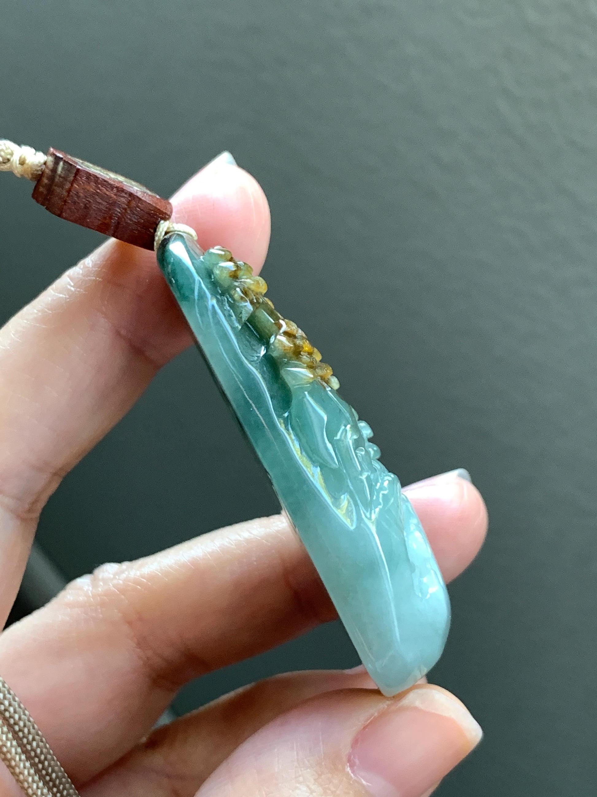 Natural Grade A Icy Translucent White Green Golden Brown Marbled Tricolored Jadeite Shan Shui Pendant Rope Necklace 天然冰三彩翡翠山水大吊坠 MSC210