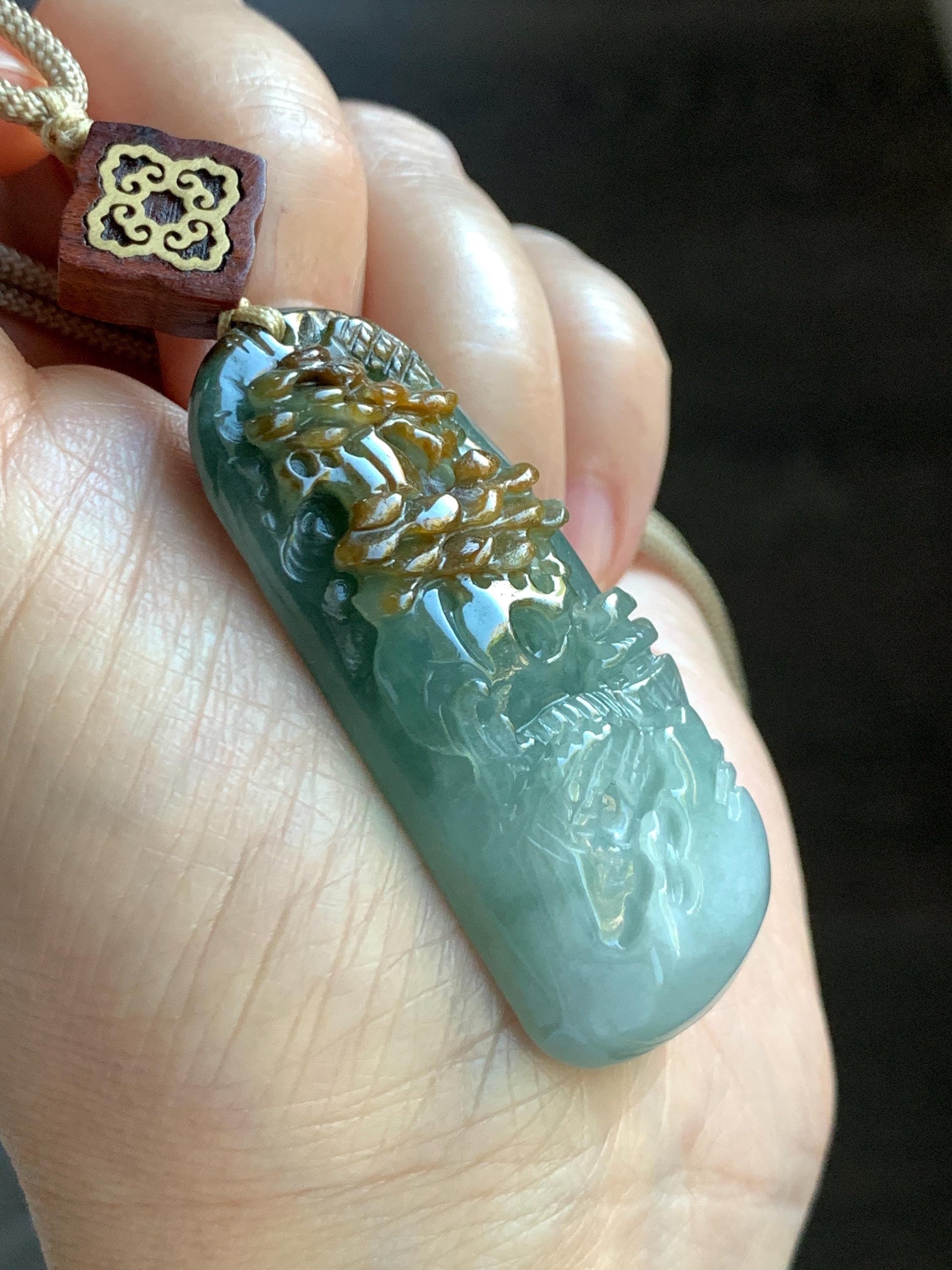 Natural Grade A Icy Translucent White Green Golden Brown Marbled Tricolored Jadeite Shan Shui Pendant Rope Necklace 天然冰三彩翡翠山水大吊坠 MSC210