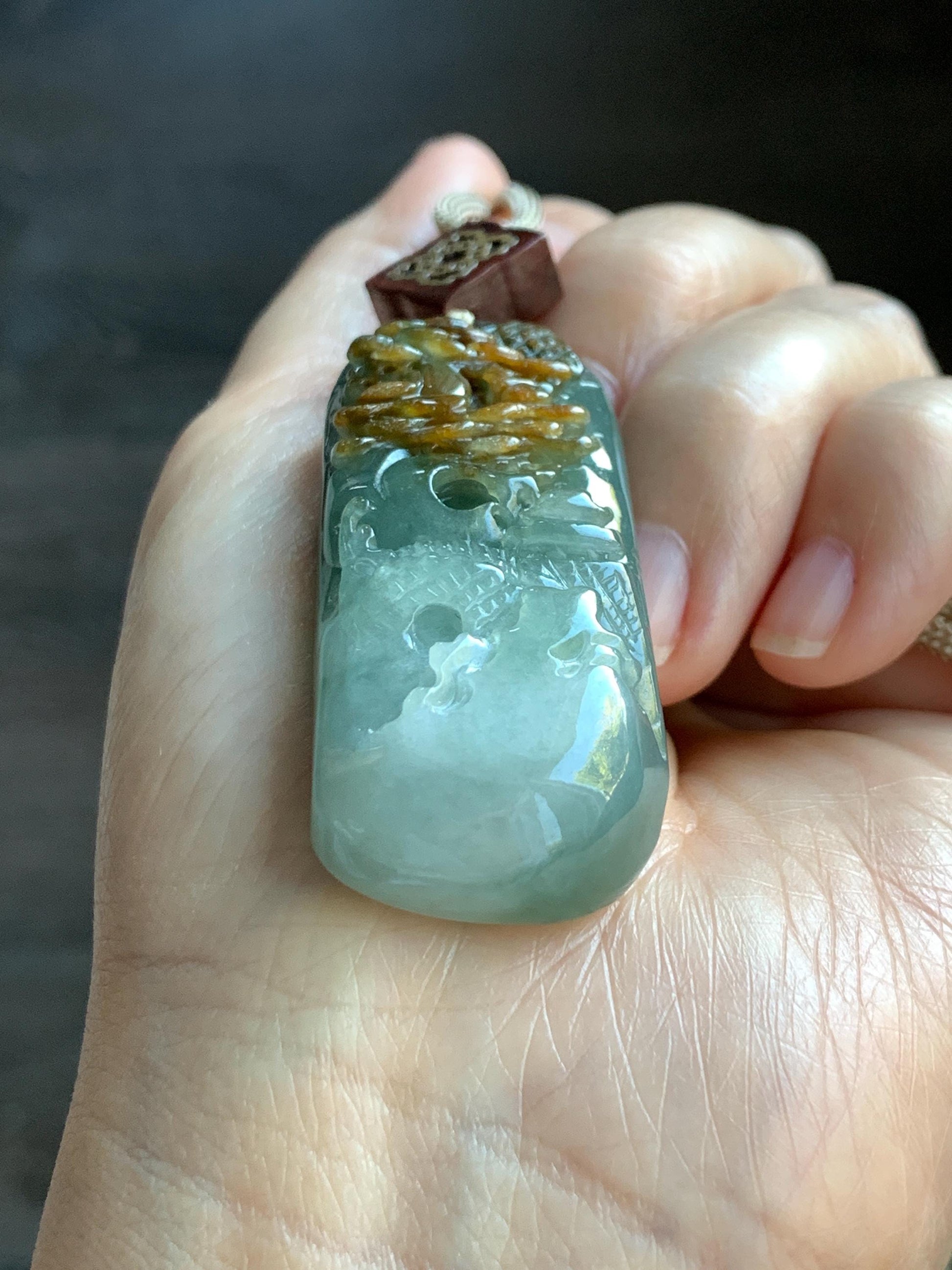 Natural Grade A Icy Translucent White Green Golden Brown Marbled Tricolored Jadeite Shan Shui Pendant Rope Necklace 天然冰三彩翡翠山水大吊坠 MSC210