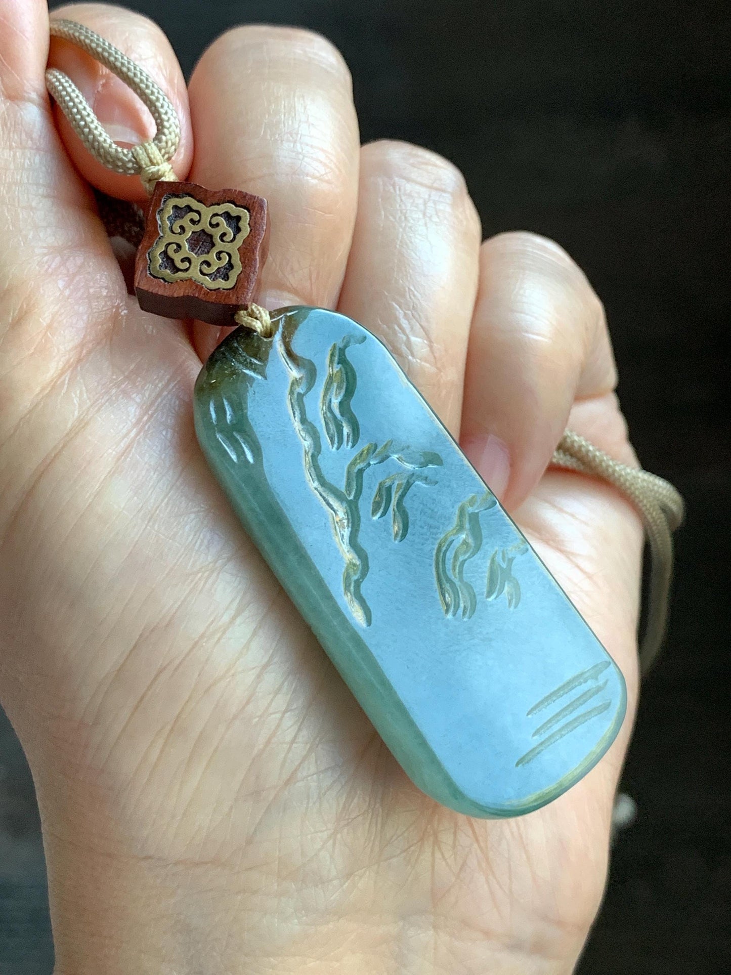 Natural Grade A Icy Translucent White Green Golden Brown Marbled Tricolored Jadeite Shan Shui Pendant Rope Necklace 天然冰三彩翡翠山水大吊坠 MSC210