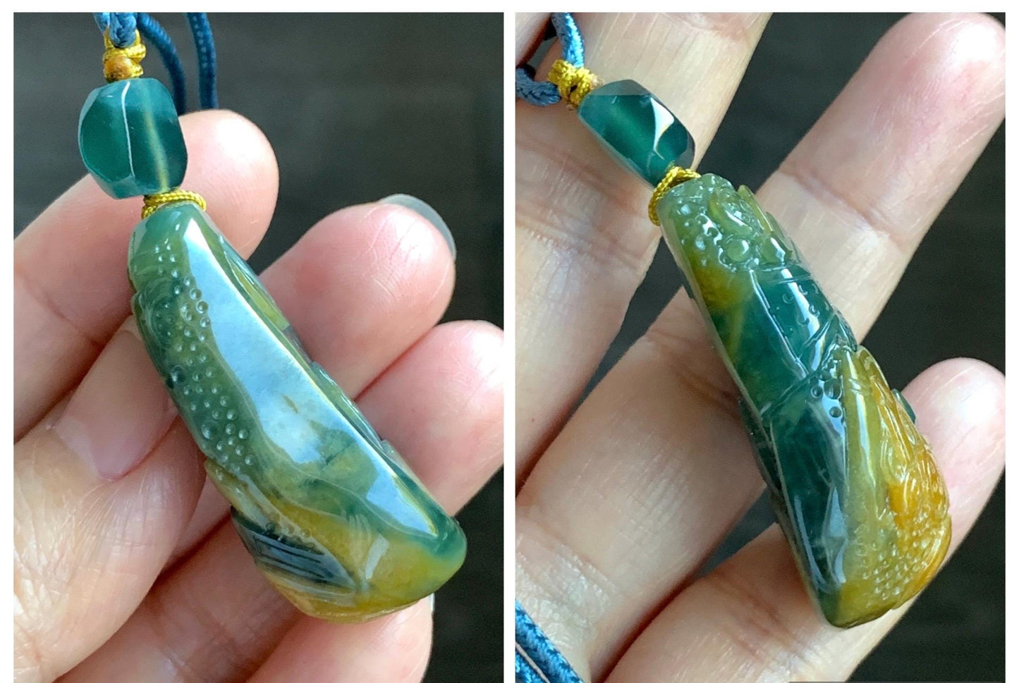 Natural Grade A Guatemalan Icy Translucent Dark Blue Yellow Marbled Jadeite The 8 Brokens Bapo Pendant Rope Necklace 天然冰危深蓝绿加黄翡翠八破图吊坠 WSH210