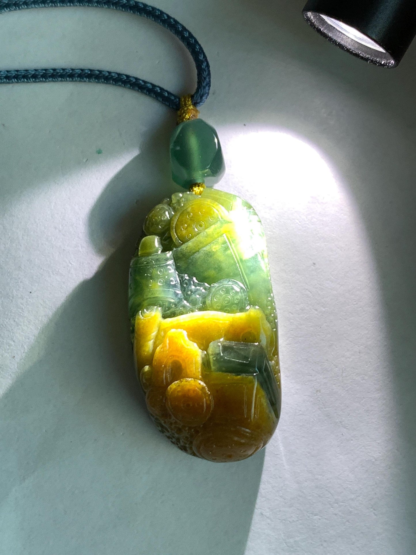 Natural Grade A Guatemalan Icy Translucent Dark Blue Yellow Marbled Jadeite The 8 Brokens Bapo Pendant Rope Necklace 天然冰危深蓝绿加黄翡翠八破图吊坠 WSH210