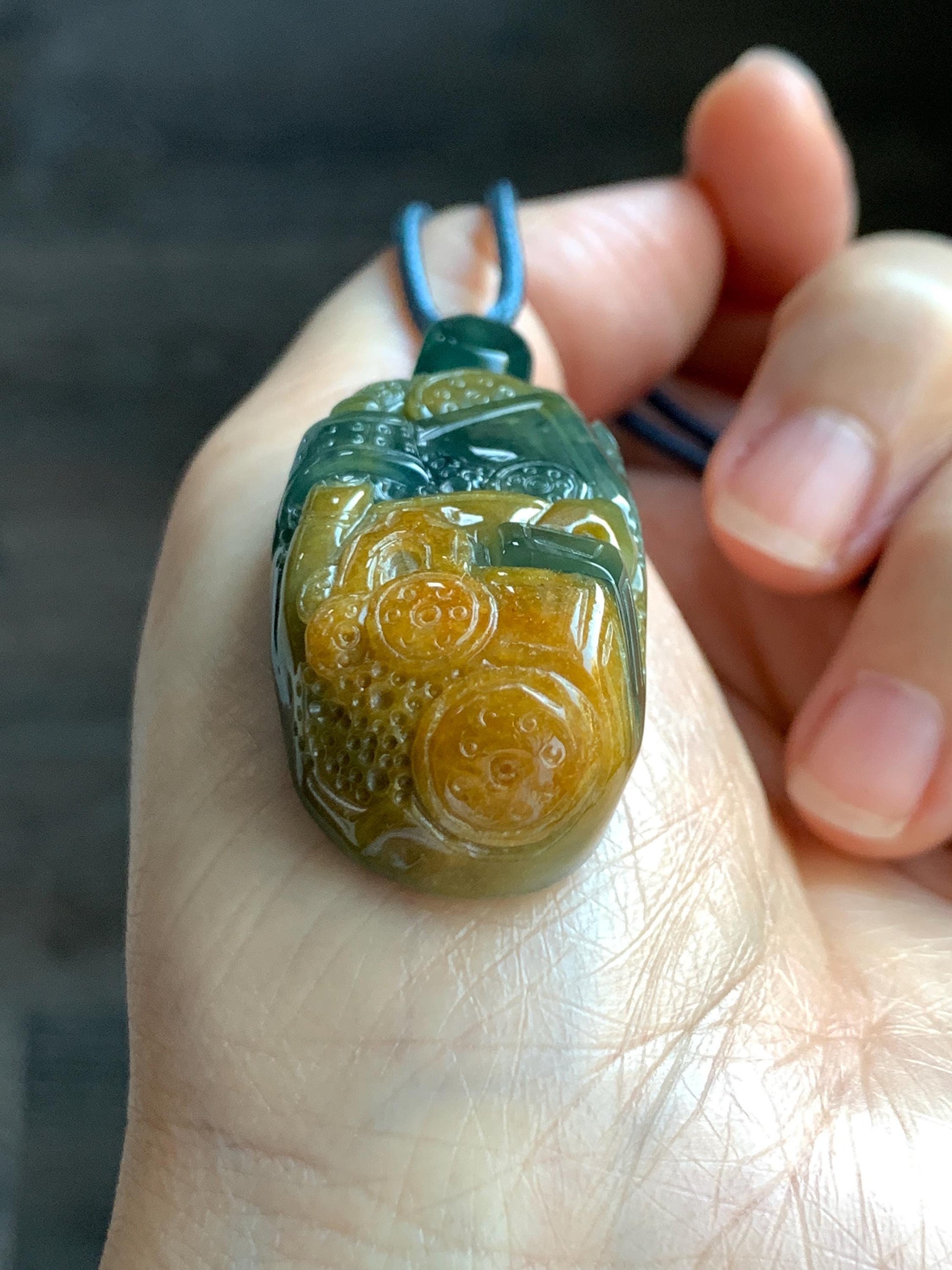 Natural Grade A Guatemalan Icy Translucent Dark Blue Yellow Marbled Jadeite The 8 Brokens Bapo Pendant Rope Necklace 天然冰危深蓝绿加黄翡翠八破图吊坠 WSH210