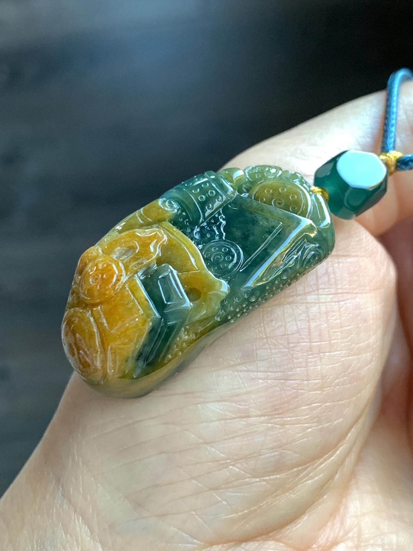 Natural Grade A Guatemalan Icy Translucent Dark Blue Yellow Marbled Jadeite The 8 Brokens Bapo Pendant Rope Necklace 天然冰危深蓝绿加黄翡翠八破图吊坠 WSH210