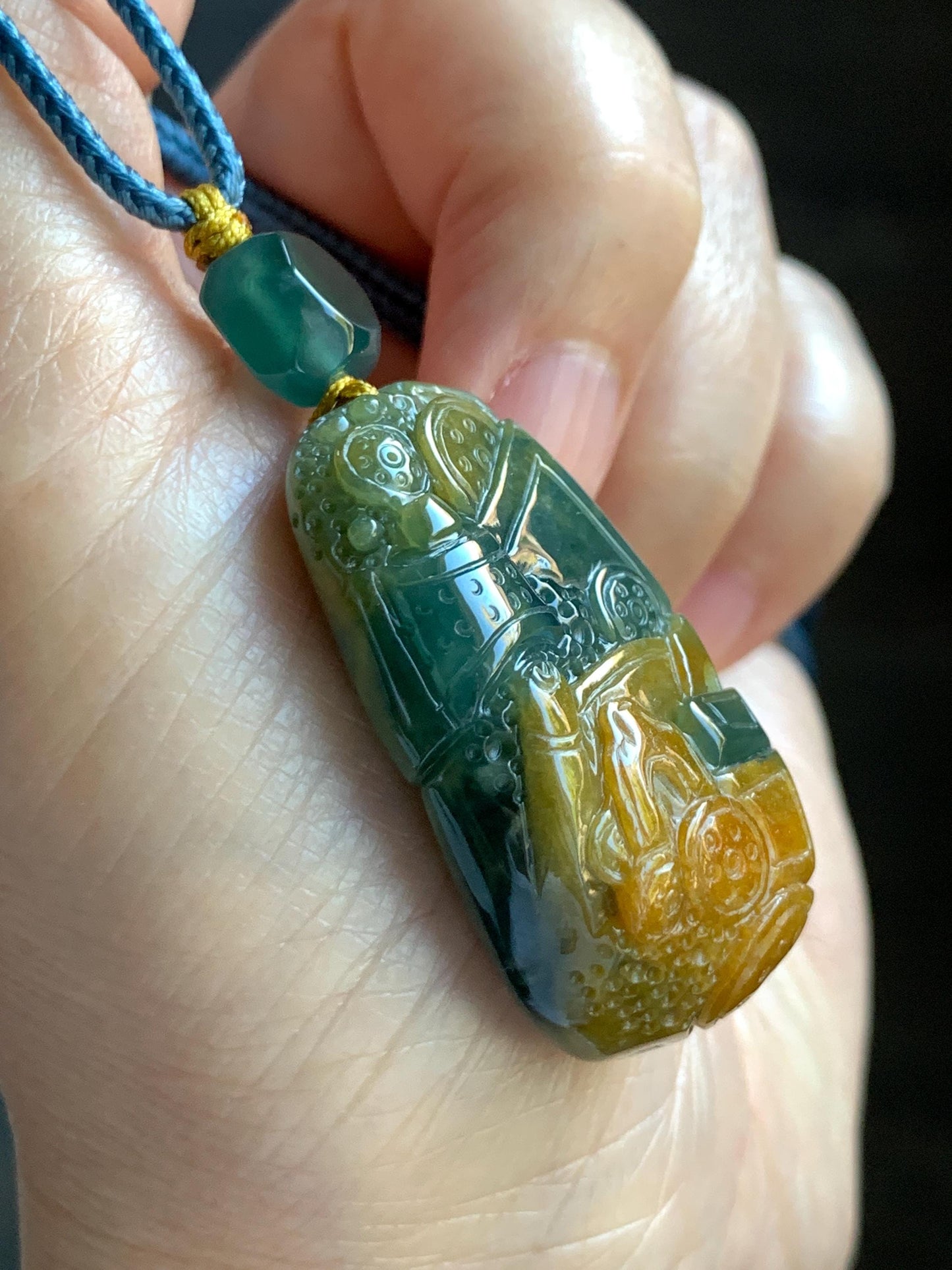 Natural Grade A Guatemalan Icy Translucent Dark Blue Yellow Marbled Jadeite The 8 Brokens Bapo Pendant Rope Necklace 天然冰危深蓝绿加黄翡翠八破图吊坠 WSH210