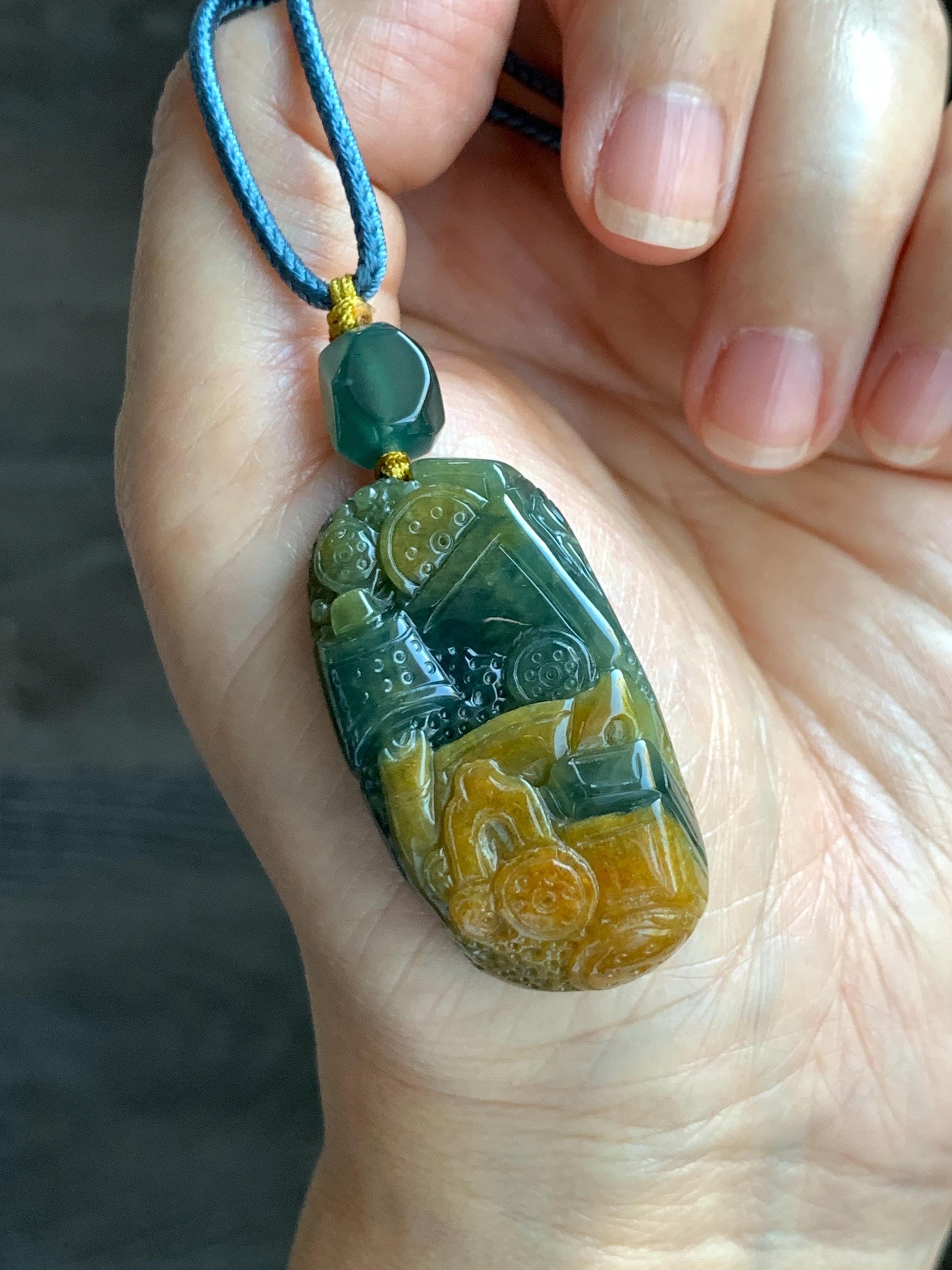 Natural Grade A Guatemalan Icy Translucent Dark Blue Yellow Marbled Jadeite The 8 Brokens Bapo Pendant Rope Necklace 天然冰危深蓝绿加黄翡翠八破图吊坠 WSH210