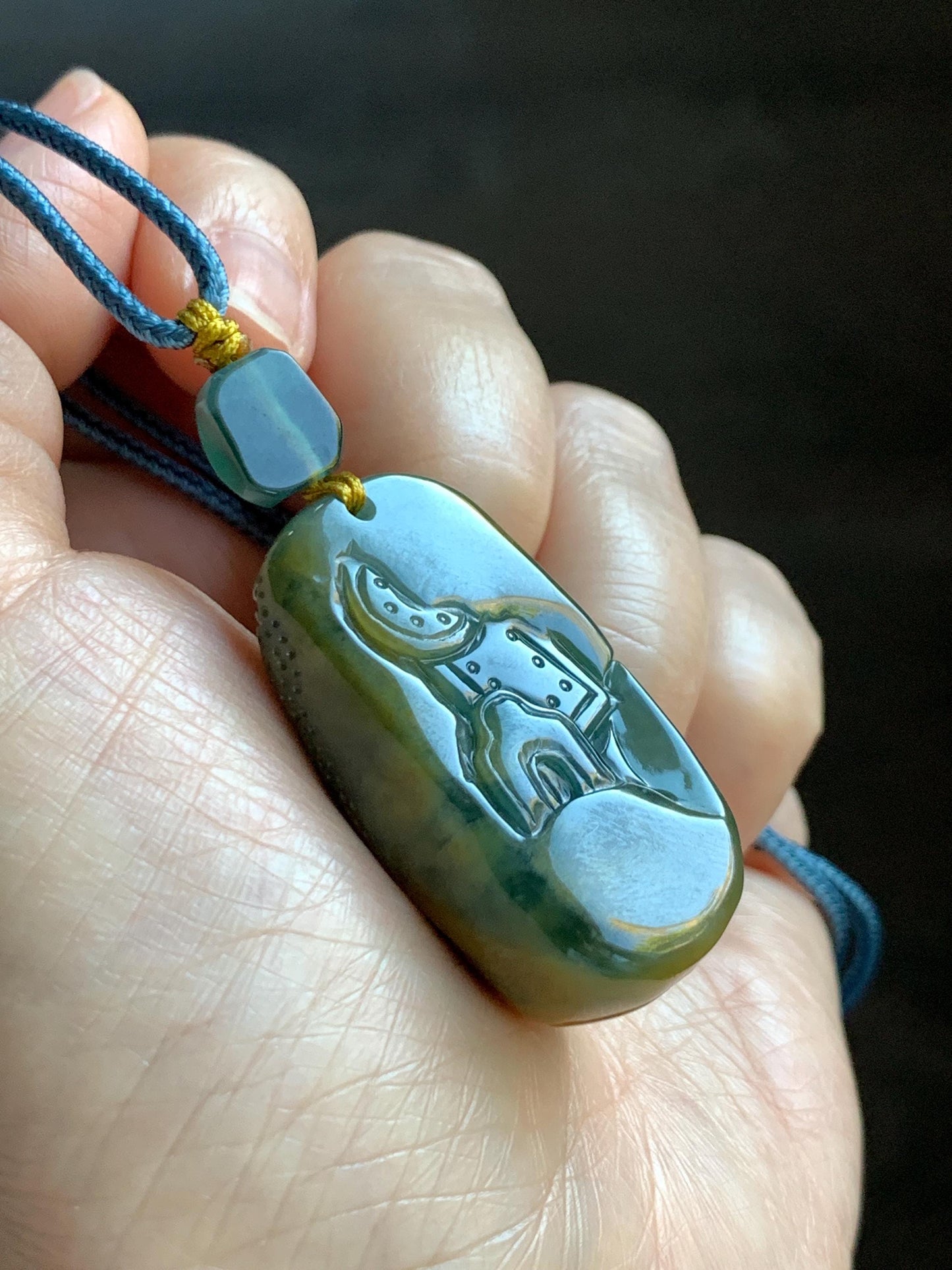 Natural Grade A Guatemalan Icy Translucent Dark Blue Yellow Marbled Jadeite The 8 Brokens Bapo Pendant Rope Necklace 天然冰危深蓝绿加黄翡翠八破图吊坠 WSH210