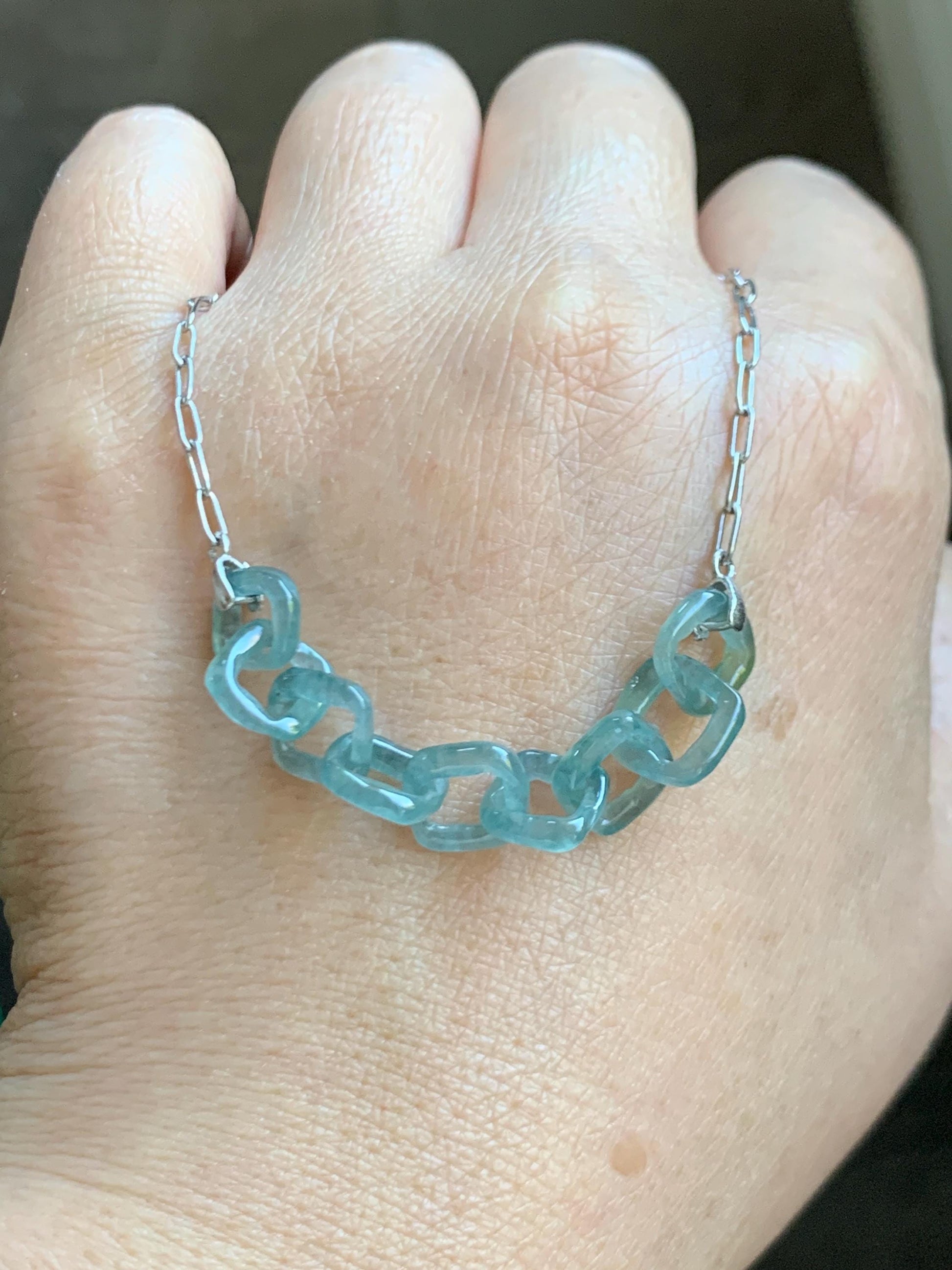 Natural Grade A Guatemalan Icy Highly Translucent Teal Blue Jade Jadeite Interlocking Links Necklace Sterling Silver 天然冰胶危蓝翡翠环环相扣项链 WHH165