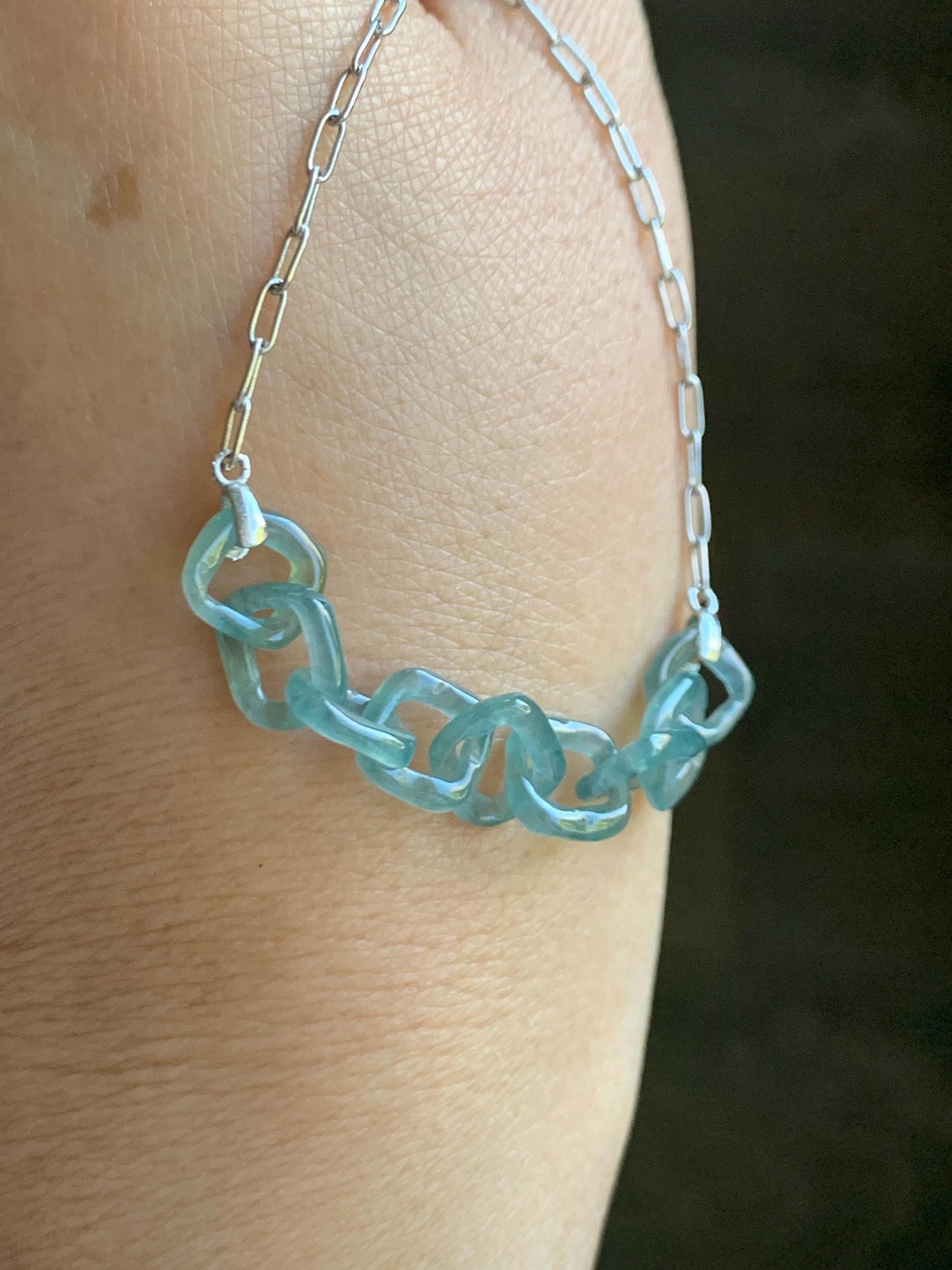 Natural Grade A Guatemalan Icy Highly Translucent Teal Blue Jade Jadeite Interlocking Links Necklace Sterling Silver 天然冰胶危蓝翡翠环环相扣项链 WHH165