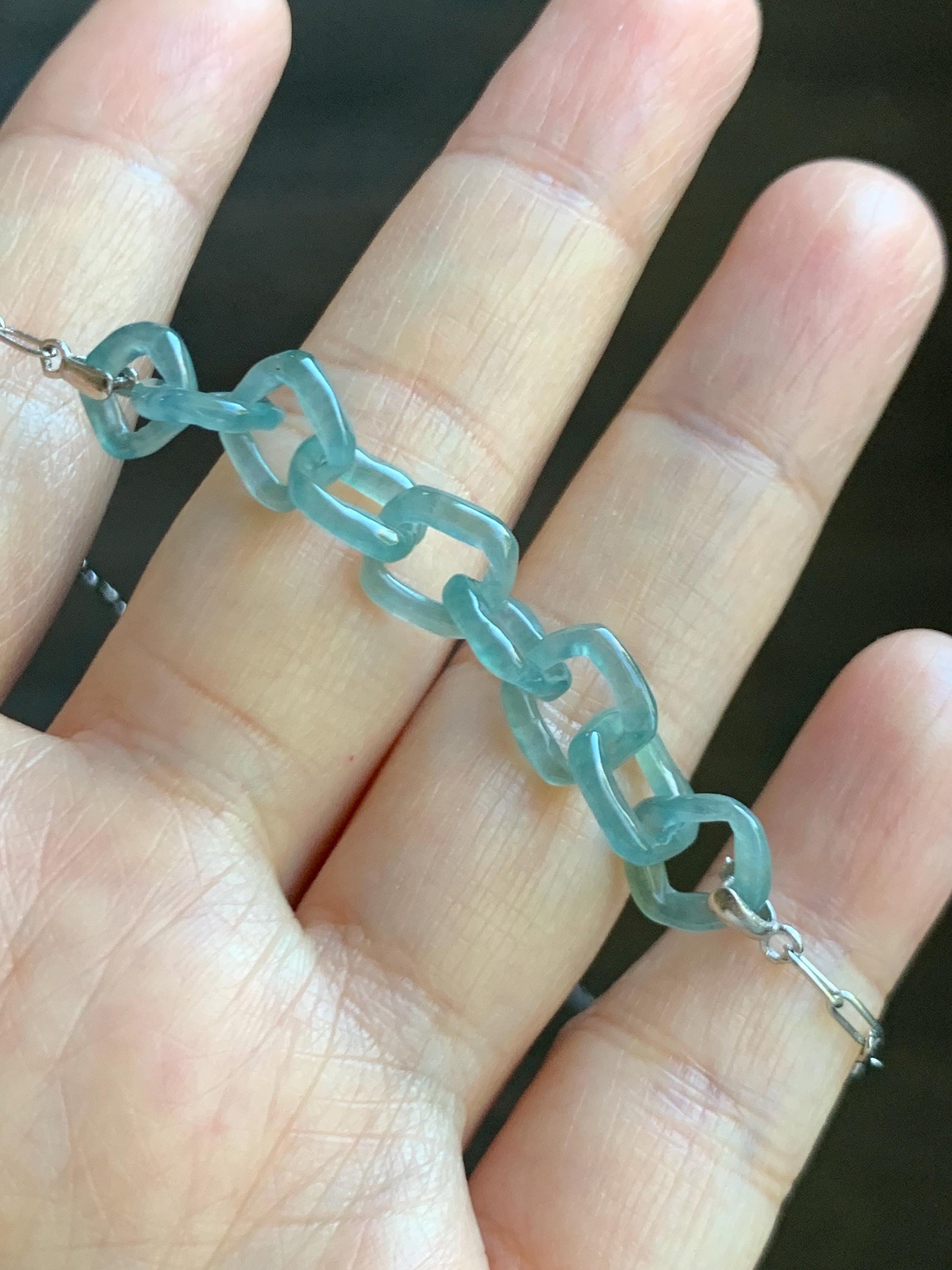 Natural Grade A Guatemalan Icy Highly Translucent Teal Blue Jade Jadeite Interlocking Links Necklace Sterling Silver 天然冰胶危蓝翡翠环环相扣项链 WHH165