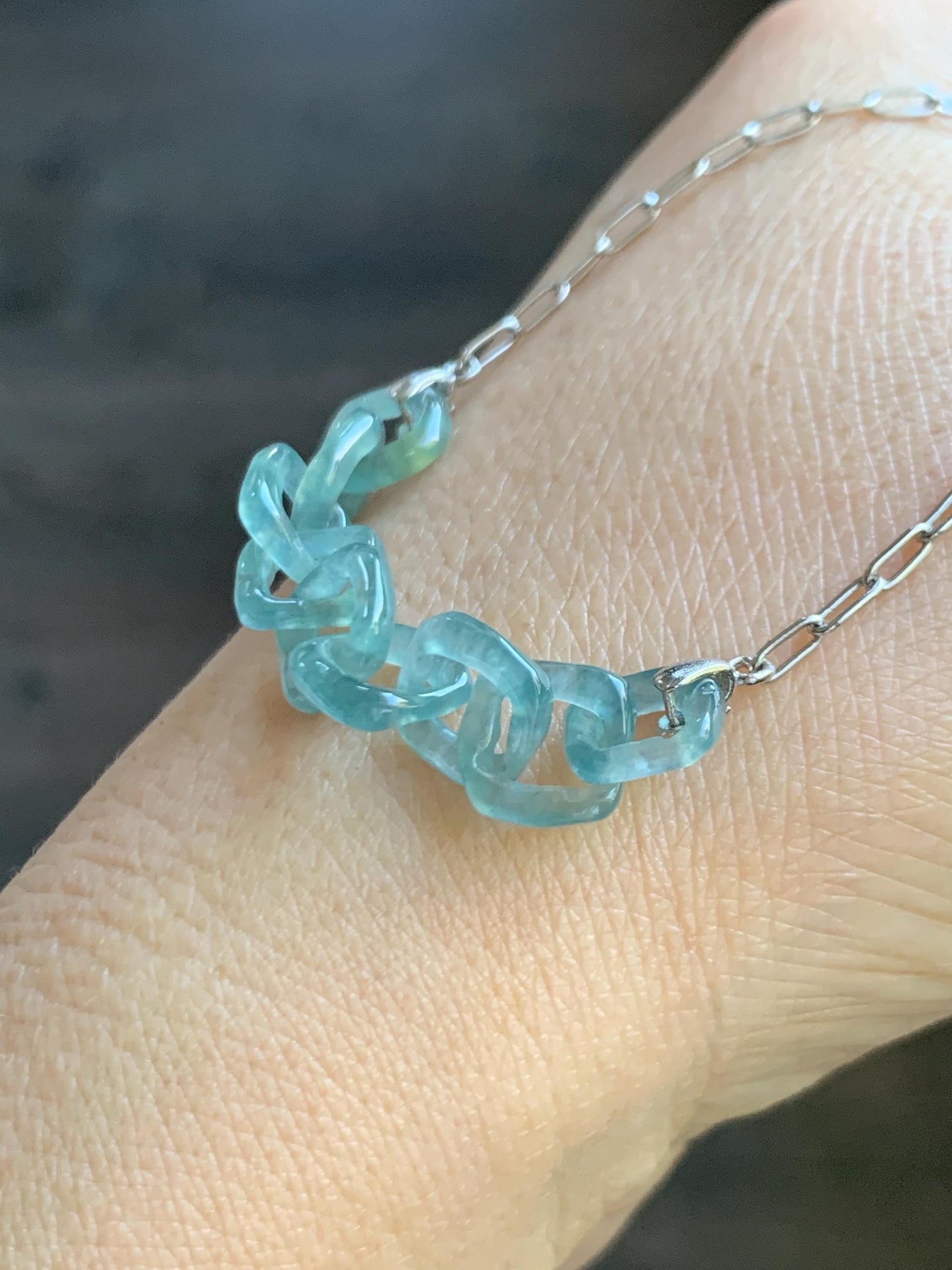 Natural Grade A Guatemalan Icy Highly Translucent Teal Blue Jade Jadeite Interlocking Links Necklace Sterling Silver 天然冰胶危蓝翡翠环环相扣项链 WHH165