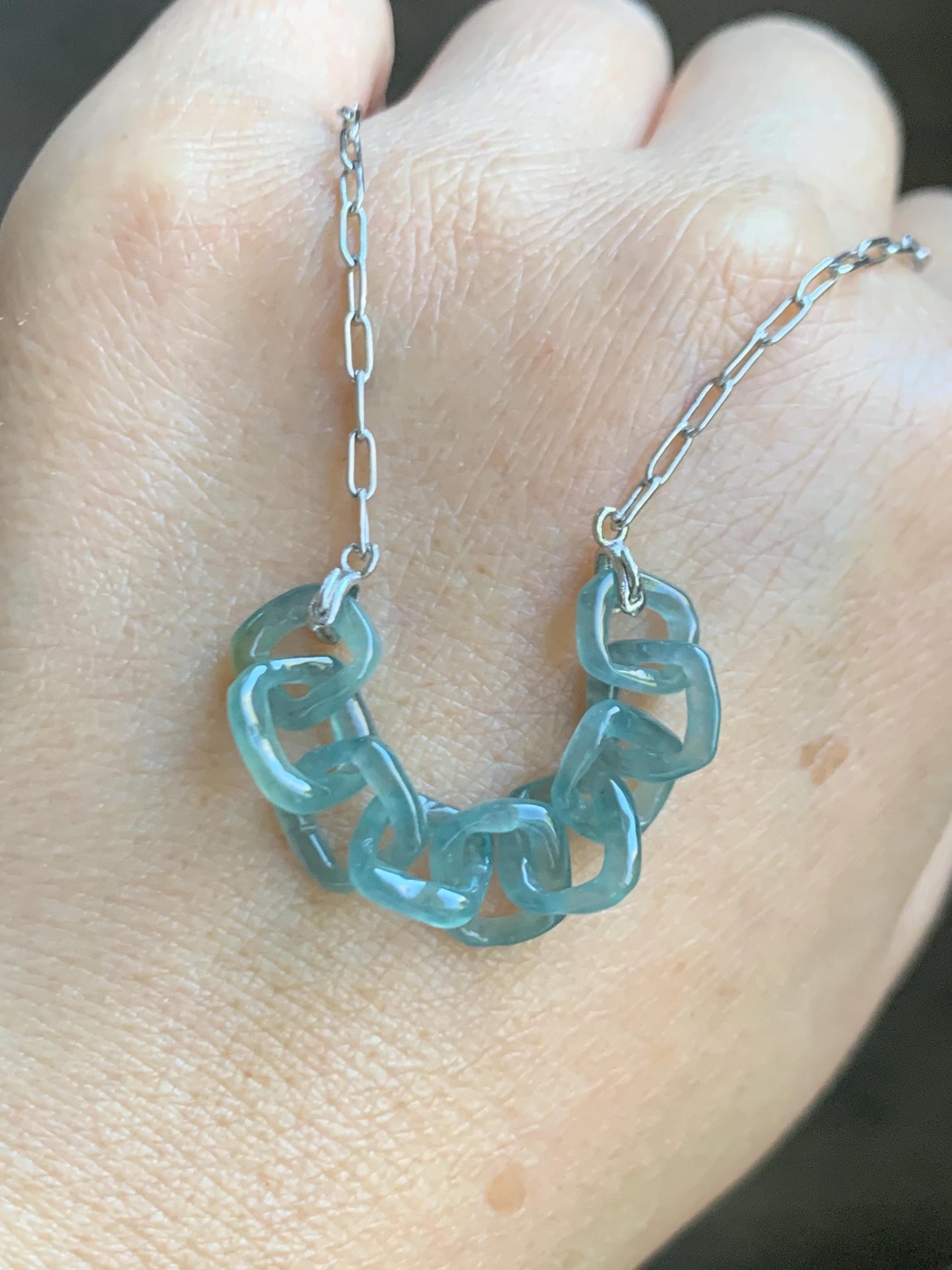 Natural Grade A Guatemalan Icy Highly Translucent Teal Blue Jade Jadeite Interlocking Links Necklace Sterling Silver 天然冰胶危蓝翡翠环环相扣项链 WHH165