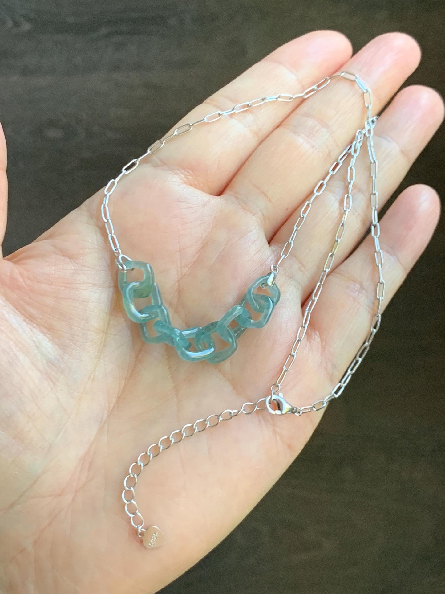 Natural Grade A Guatemalan Icy Highly Translucent Teal Blue Jade Jadeite Interlocking Links Necklace Sterling Silver 天然冰胶危蓝翡翠环环相扣项链 WHH165