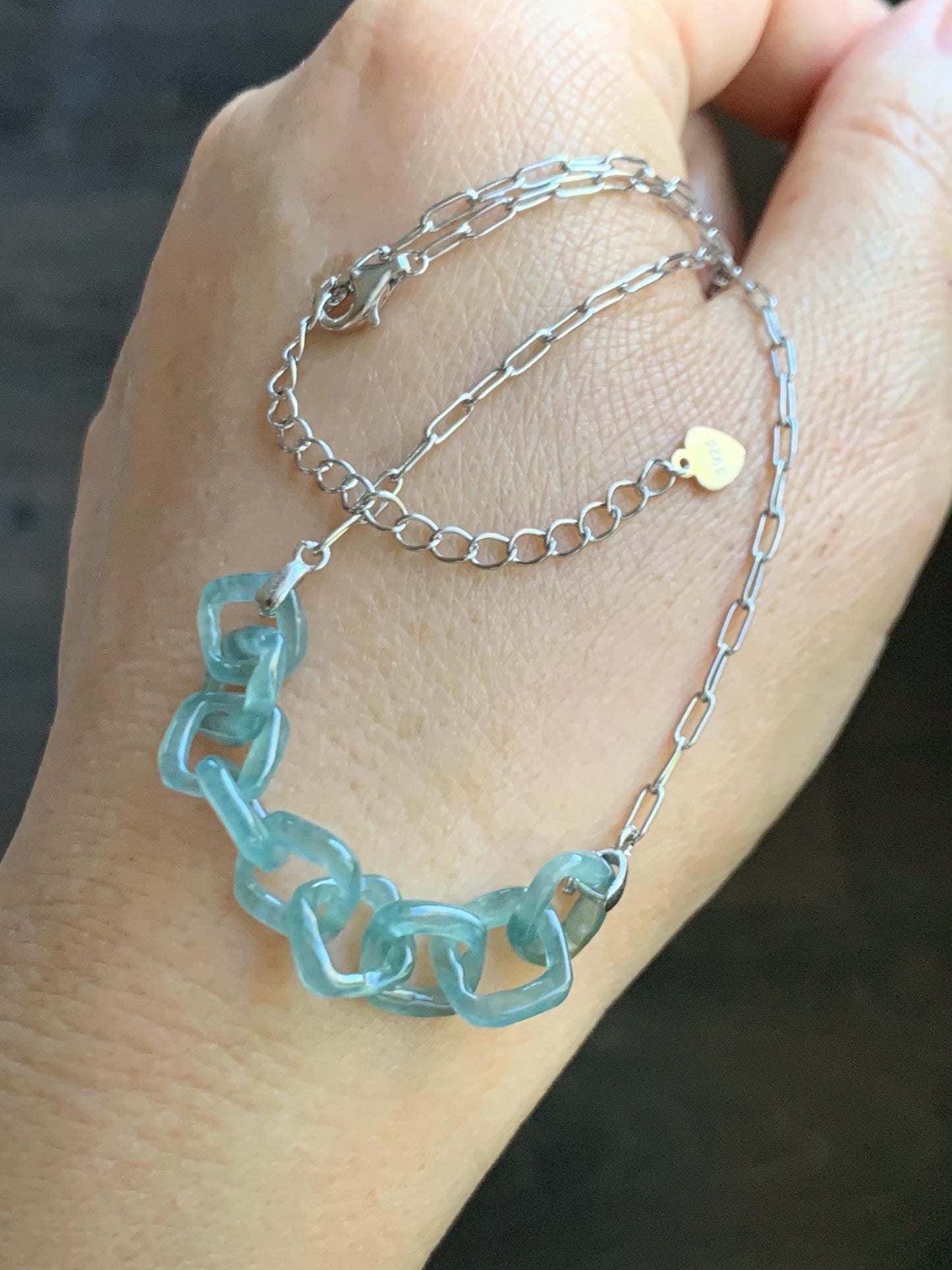 Natural Grade A Guatemalan Icy Highly Translucent Teal Blue Jade Jadeite Interlocking Links Necklace Sterling Silver 天然冰胶危蓝翡翠环环相扣项链 WHH165