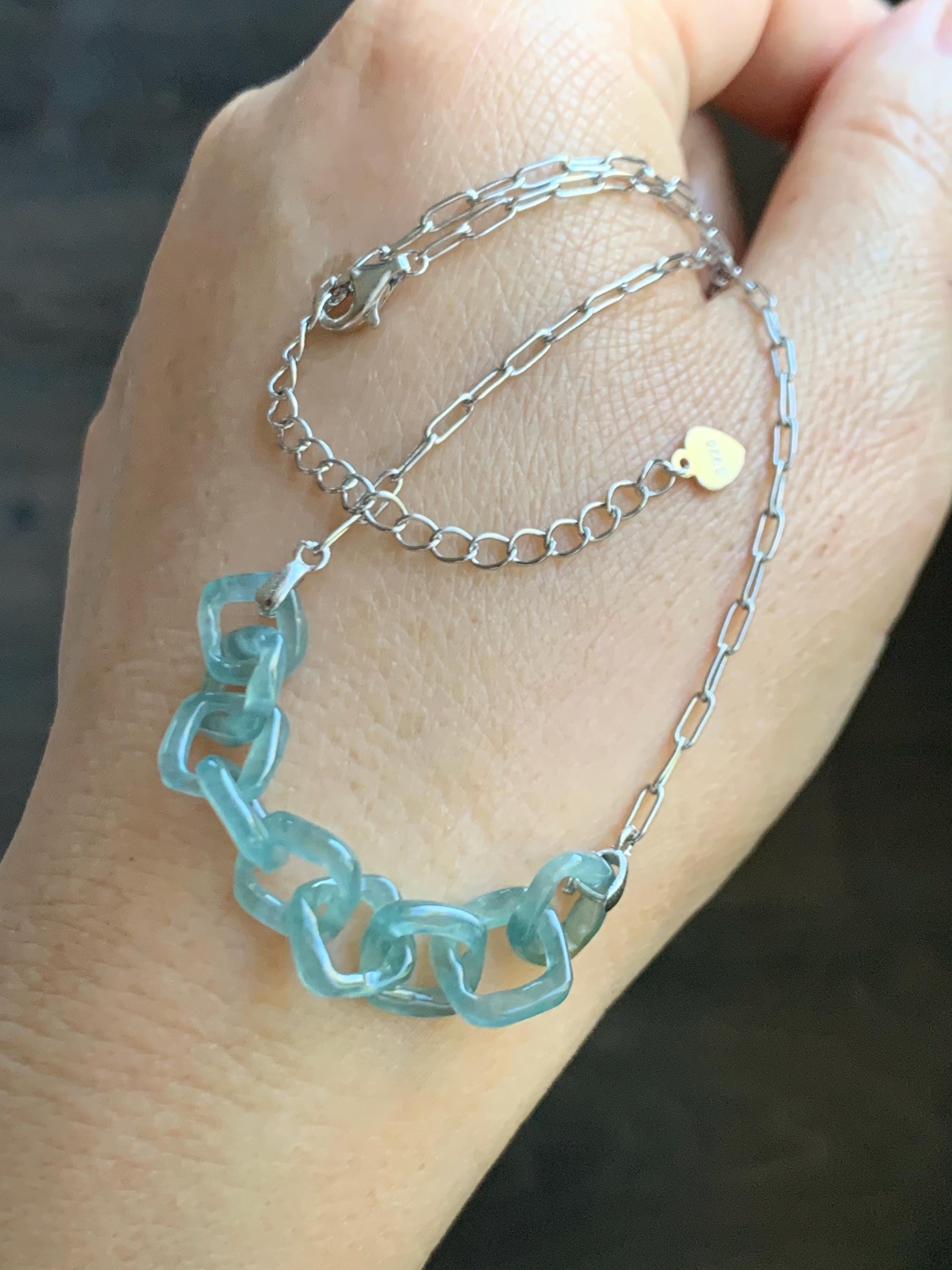 Natural Grade A Guatemalan Icy Highly Translucent Teal Blue Jade Jadeite Interlocking Links Necklace Sterling Silver 天然冰胶危蓝翡翠环环相扣项链 WHH165