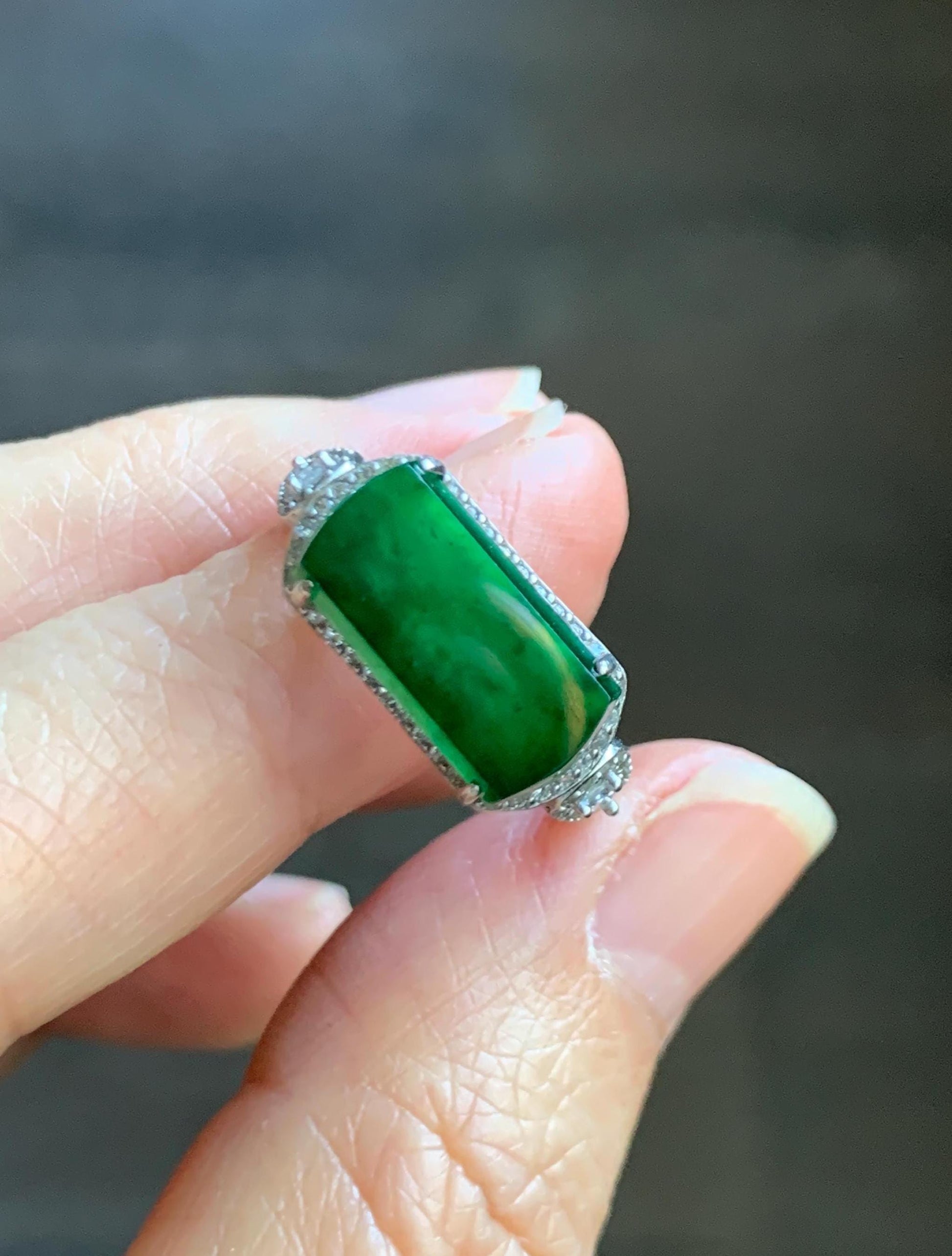Natural Grade A Guatemalan Icy Highly Translucent Vibrant Green Jade Jadeite Saddle Ring Sterling Silver Adjustable 天然冰危绿翡翠马鞍银镶戒指 WLA248A
