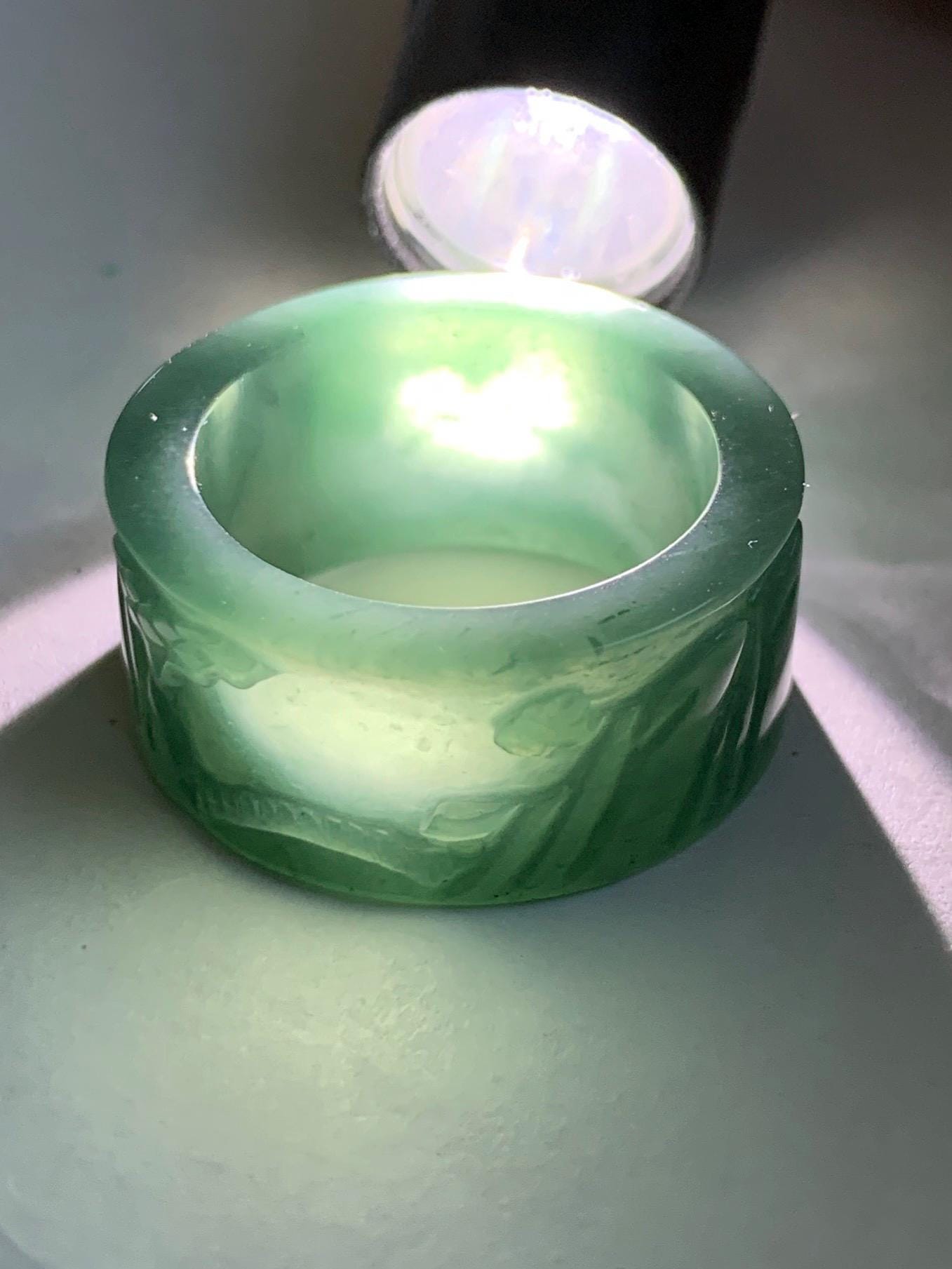 Natural Grade A Guatemalan Icy Translucent Dark Teal Blue Jade Jadeite Engraved Shan Shui Band Ring Size 9 US 天然冰危深蓝翡翠山水戒圈 KSH168B