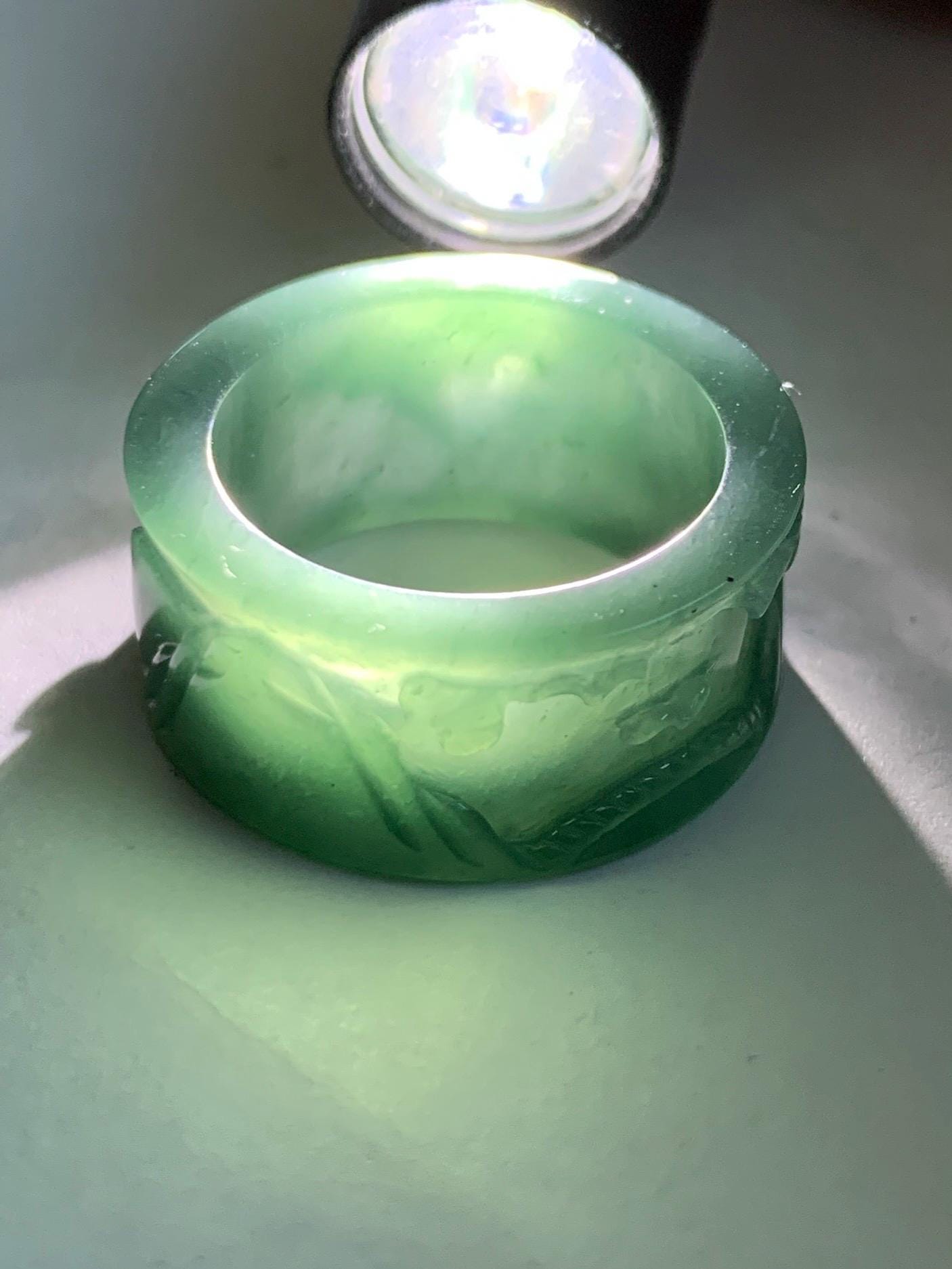 Natural Grade A Guatemalan Icy Translucent Dark Teal Blue Jade Jadeite Engraved Shan Shui Band Ring Size 9 US 天然冰危深蓝翡翠山水戒圈 KSH168B