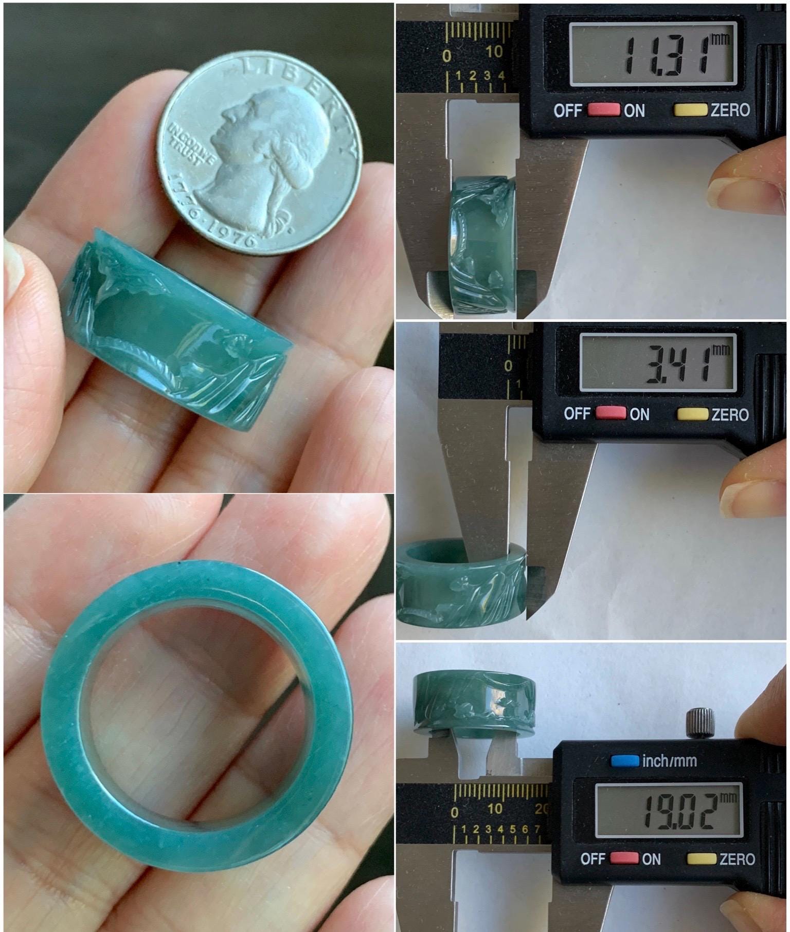 Natural Grade A Guatemalan Icy Translucent Dark Teal Blue Jade Jadeite Engraved Shan Shui Band Ring Size 9 US 天然冰危深蓝翡翠山水戒圈 KSH168B