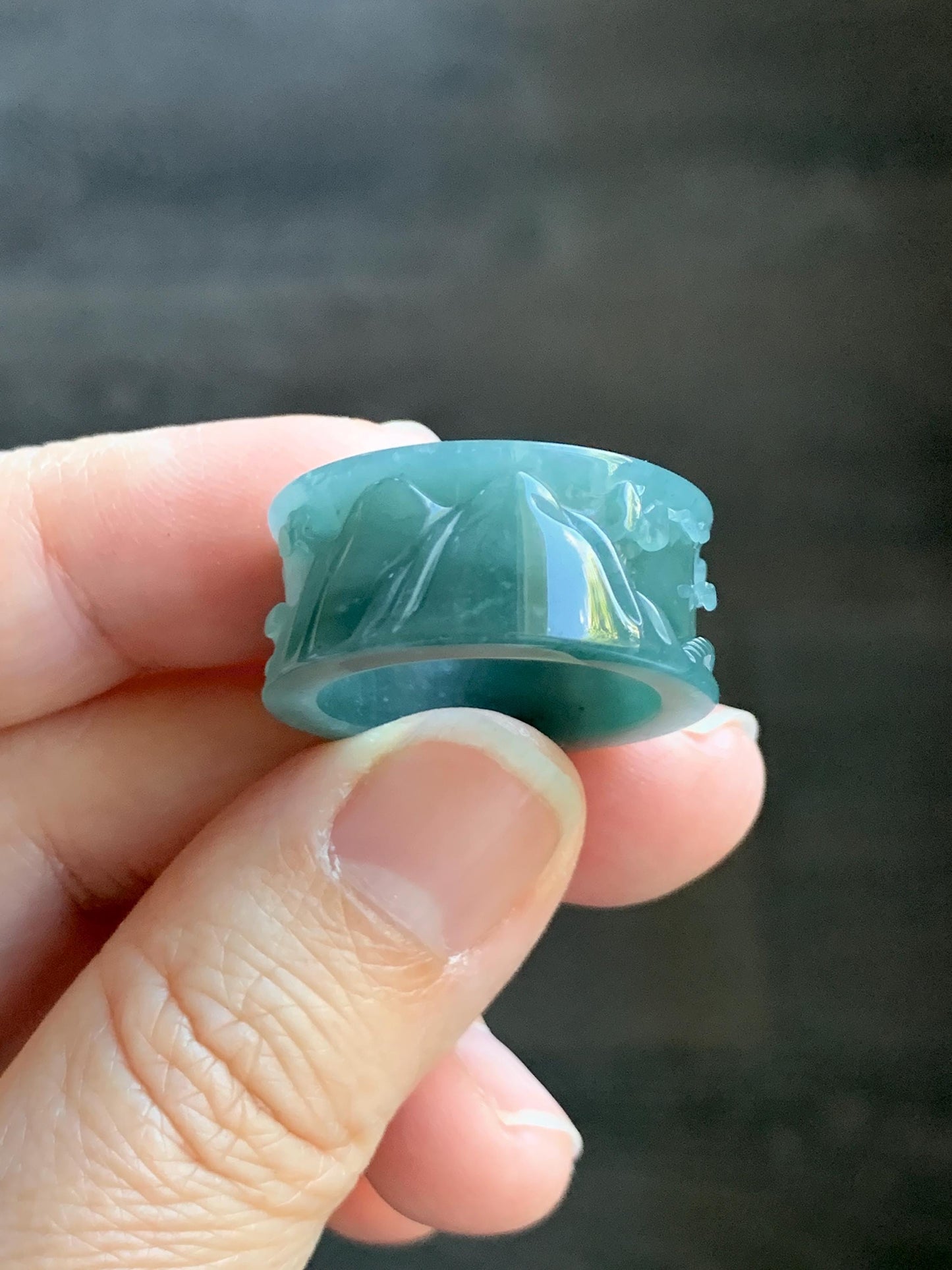Natural Grade A Guatemalan Icy Translucent Dark Teal Blue Jade Jadeite Engraved Shan Shui Band Ring Size 9 US 天然冰危深蓝翡翠山水戒圈 KSH168B