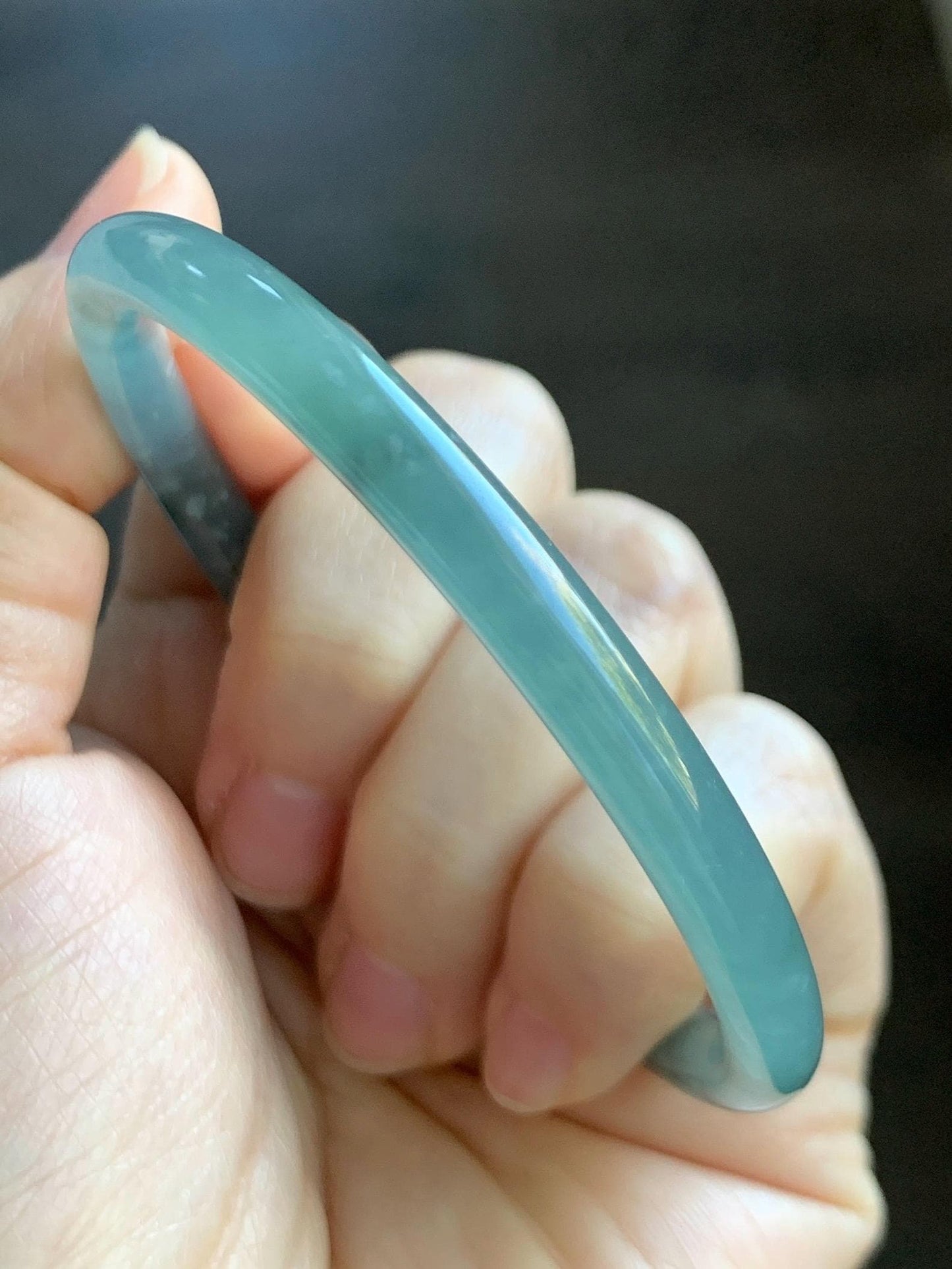 Certified Natural Grade A Guatemalan Icy Translucent Light Teal Wuji Jade Jadeite Slim Bangle 57.58mm 7.11” 18g 天然危晴蓝飘乌鸡翡翠细圆条手镯 727