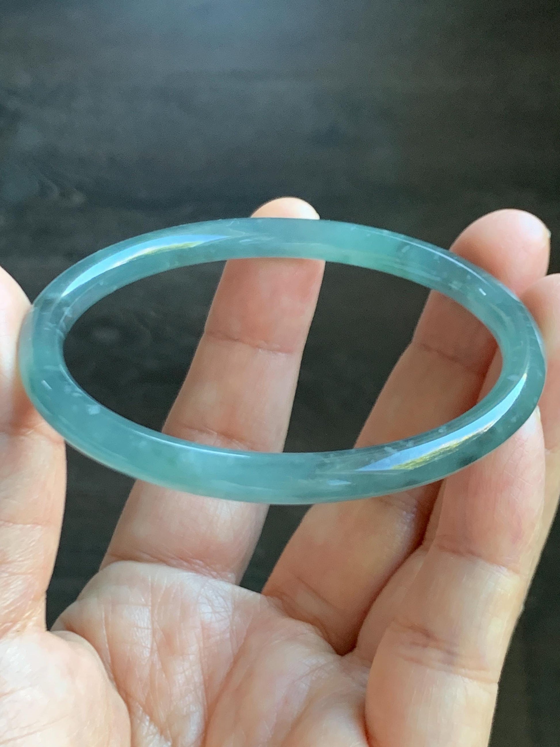 Certified Natural Grade A Guatemalan Icy Translucent Light Teal Wuji Jade Jadeite Slim Bangle 57.58mm 7.11” 18g 天然危晴蓝飘乌鸡翡翠细圆条手镯 727