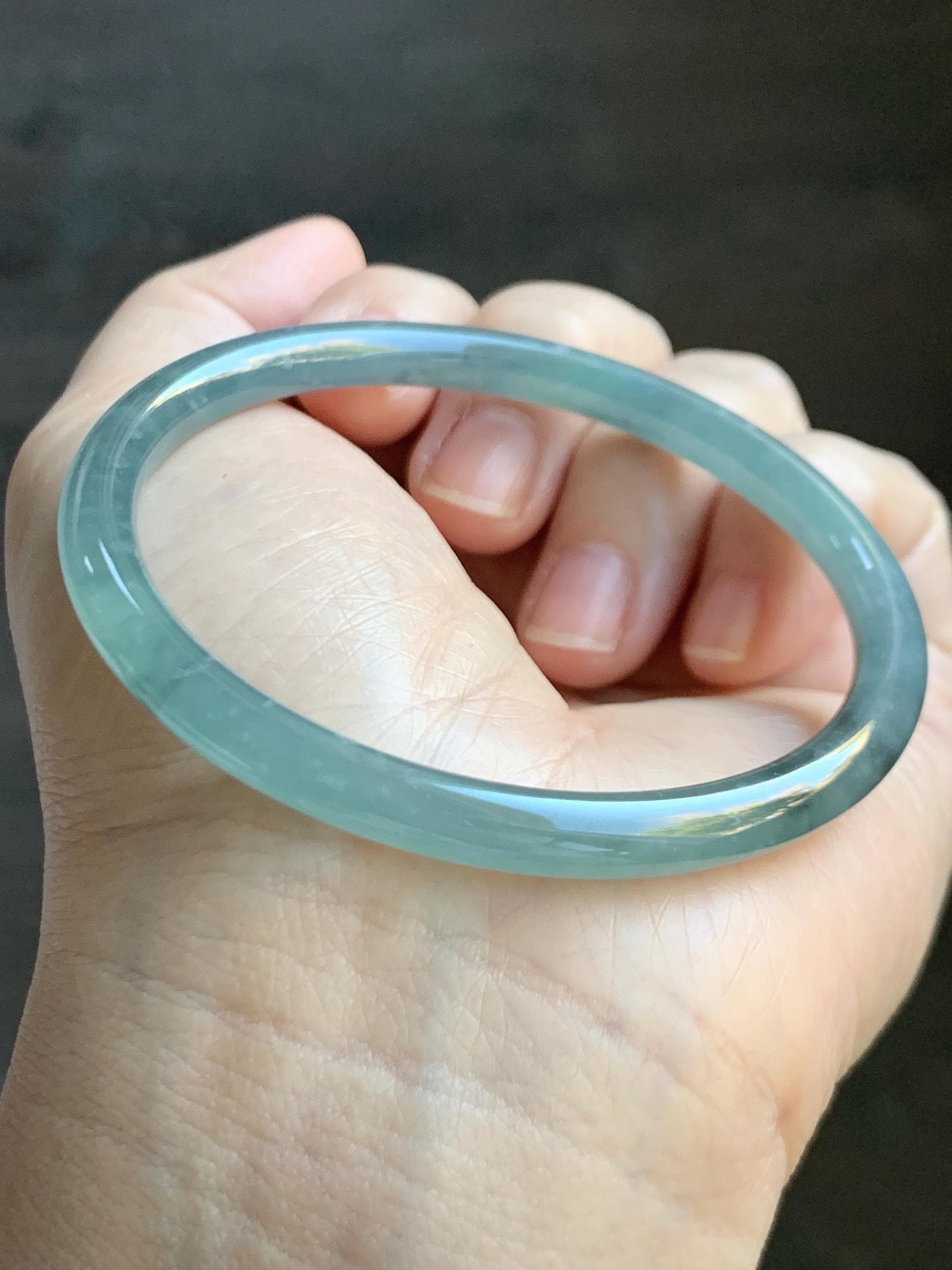 Certified Natural Grade A Guatemalan Icy Translucent Light Teal Wuji Jade Jadeite Slim Bangle 57.58mm 7.11” 18g 天然危晴蓝飘乌鸡翡翠细圆条手镯 727