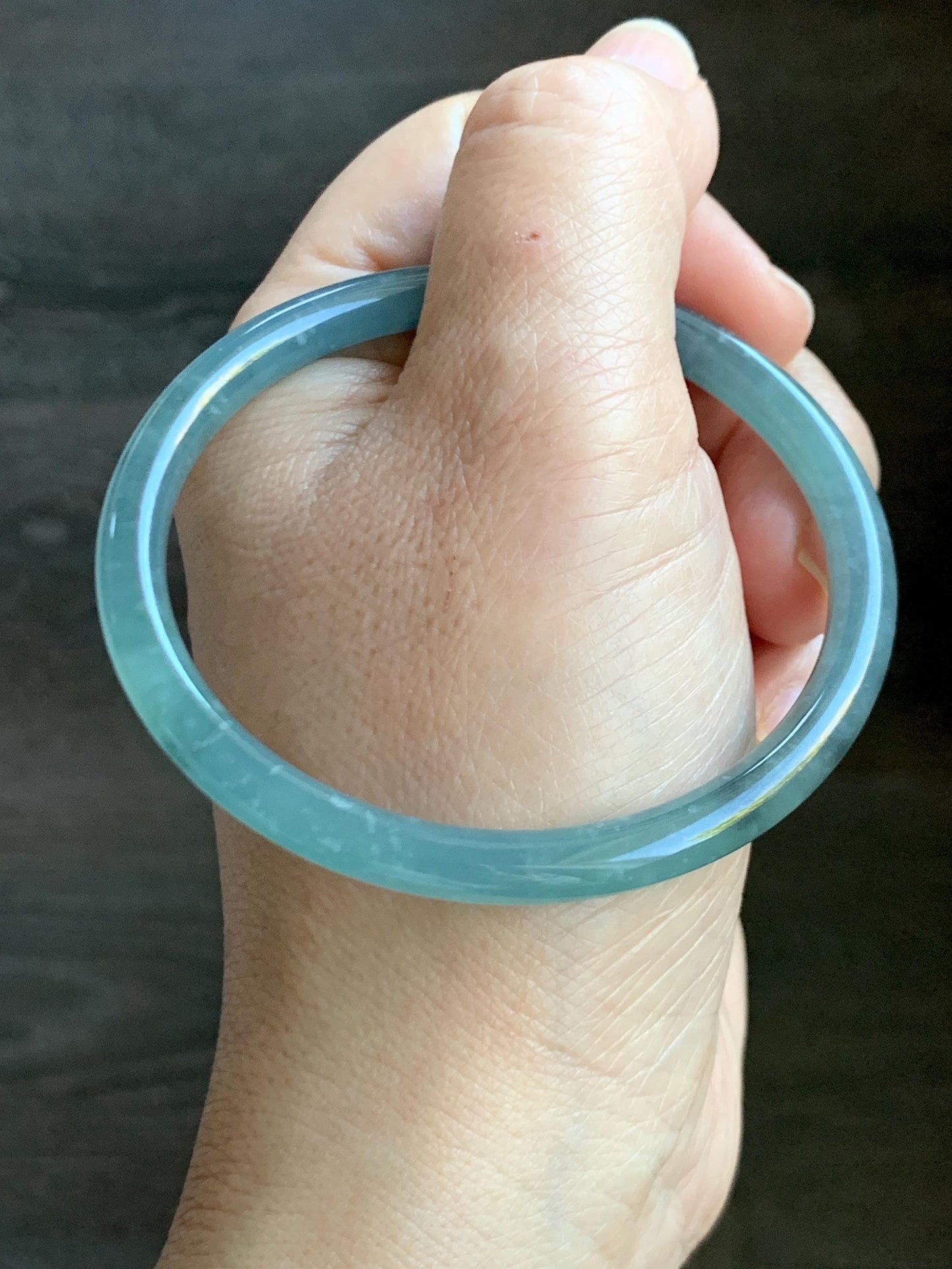 Certified Natural Grade A Guatemalan Icy Translucent Light Teal Wuji Jade Jadeite Slim Bangle 57.58mm 7.11” 18g 天然危晴蓝飘乌鸡翡翠细圆条手镯 727