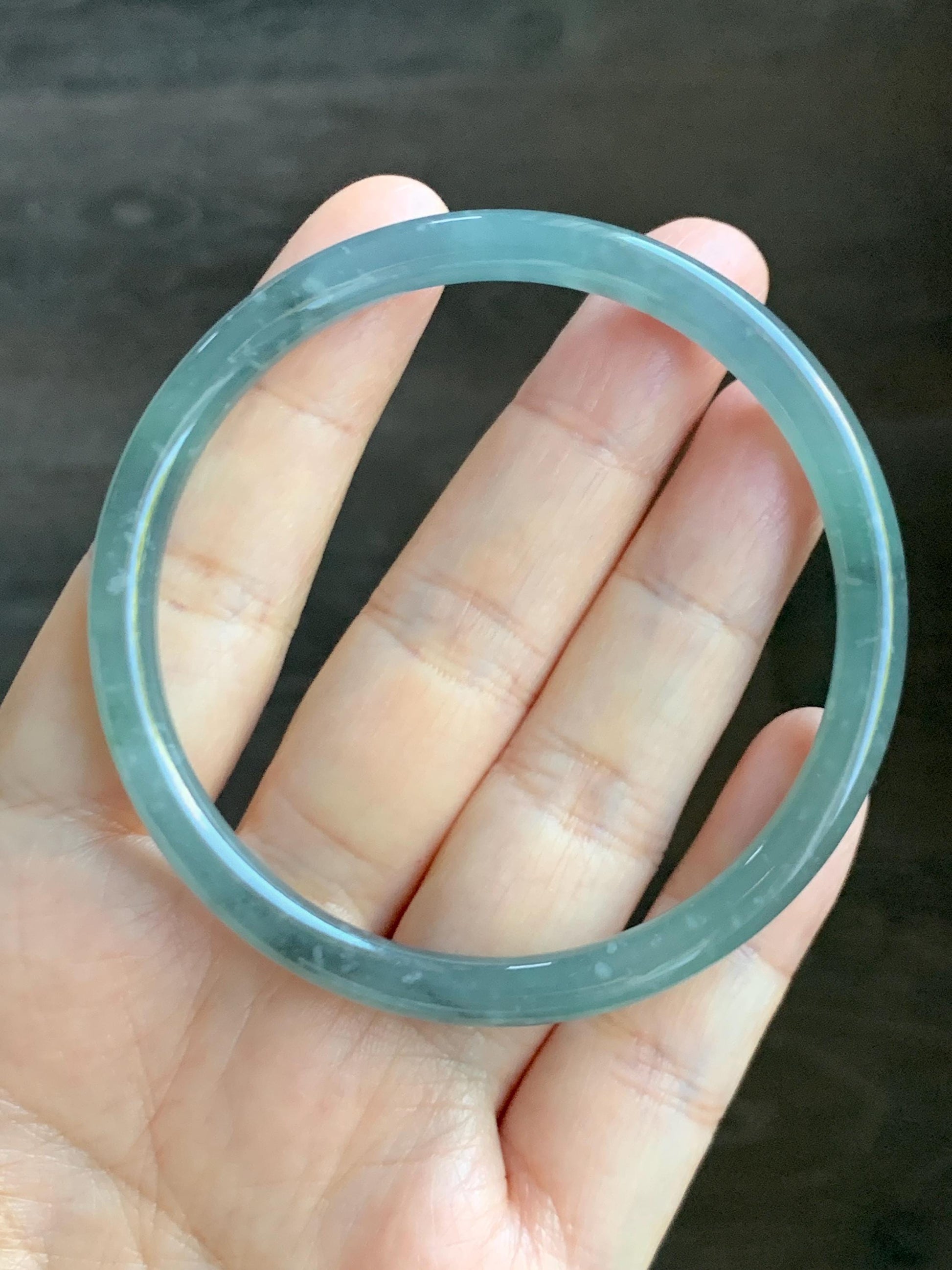 Certified Natural Grade A Guatemalan Icy Translucent Light Teal Wuji Jade Jadeite Slim Bangle 57.58mm 7.11” 18g 天然危晴蓝飘乌鸡翡翠细圆条手镯 727