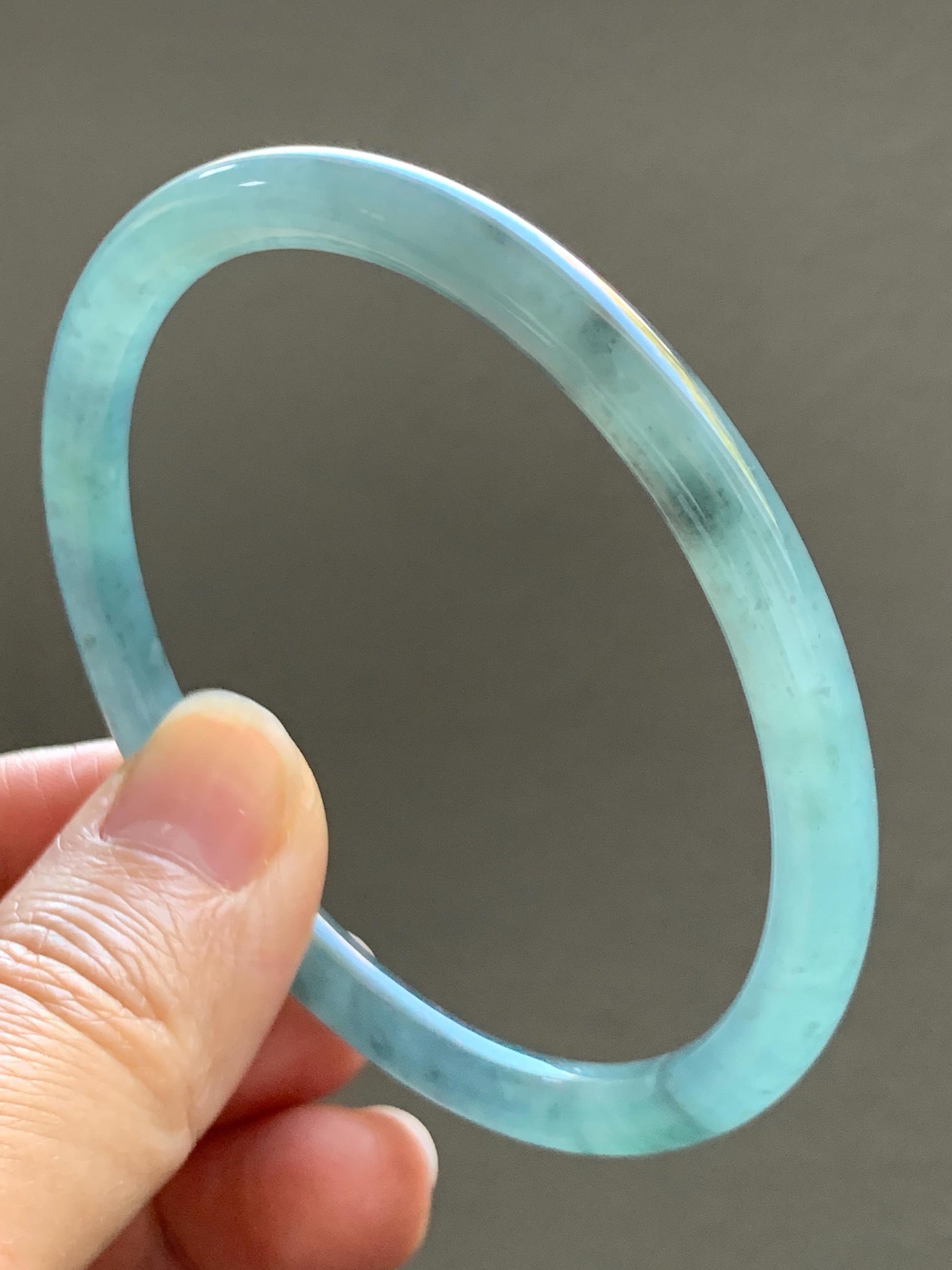 Certified Natural Grade A Guatemalan Icy Translucent Light Teal Wuji Jade Jadeite Slim Bangle 57.58mm 7.11” 18g 天然危晴蓝飘乌鸡翡翠细圆条手镯 727