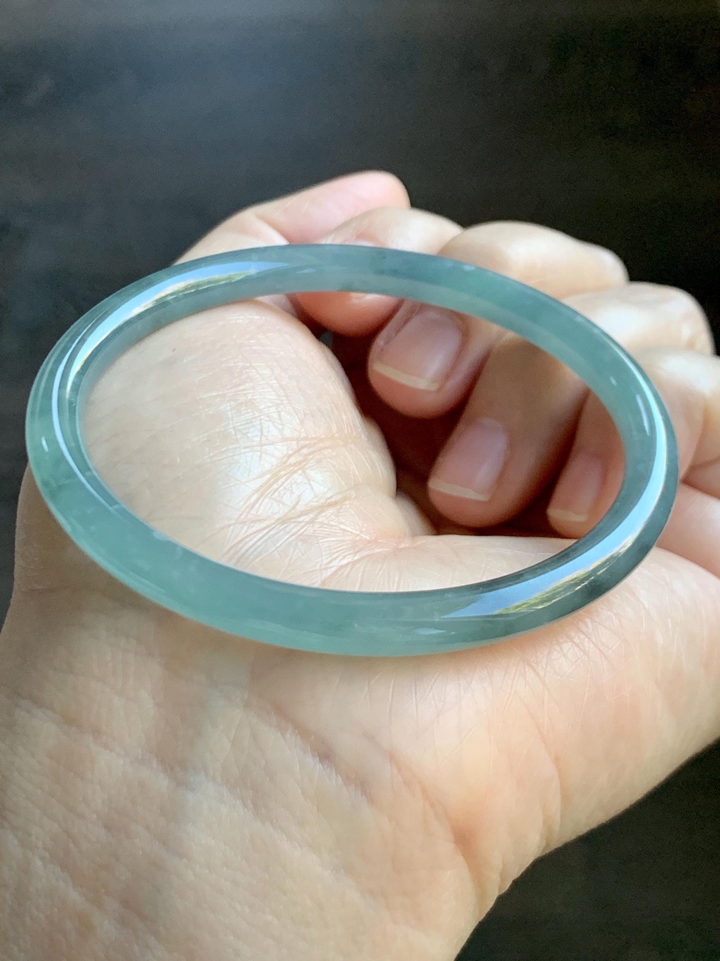 Certified Natural Grade A Guatemalan Icy Translucent Light Teal Wuji Jade Jadeite Slim Bangle 57.58mm 7.11” 18g 天然危晴蓝飘乌鸡翡翠细圆条手镯 727