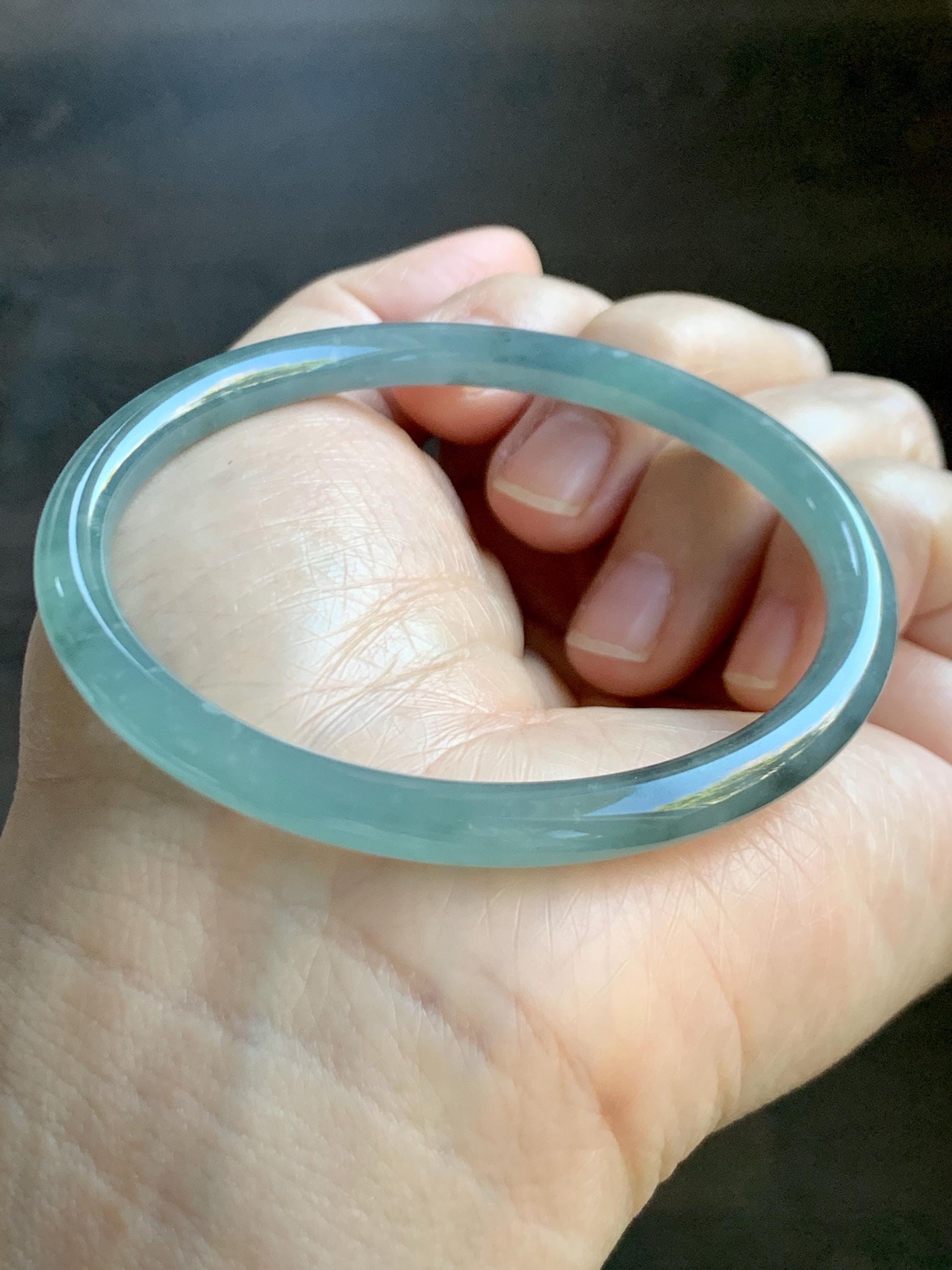 Certified Natural Grade A Guatemalan Icy Translucent Light Teal Wuji Jade Jadeite Slim Bangle 57.58mm 7.11” 18g 天然危晴蓝飘乌鸡翡翠细圆条手镯 727