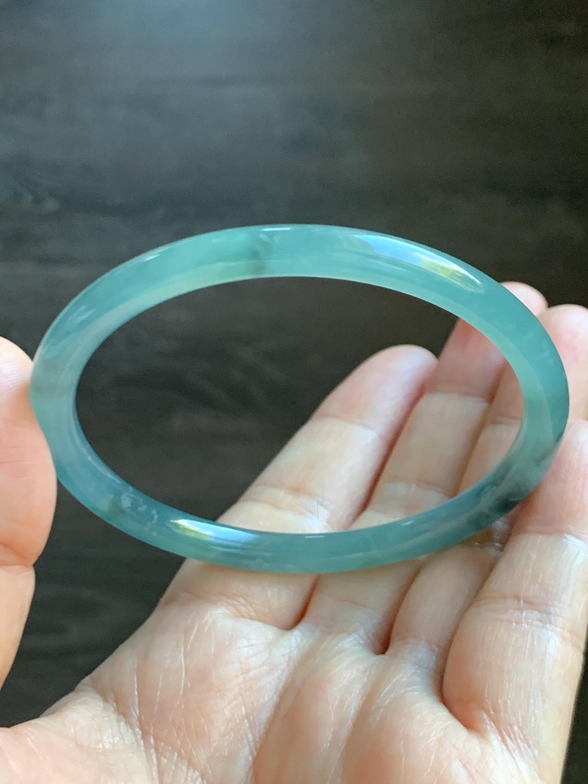 Certified Natural Grade A Guatemalan Icy Translucent Light Teal Wuji Jade Jadeite Slim Bangle 57.58mm 7.11” 18g 天然危晴蓝飘乌鸡翡翠细圆条手镯 727