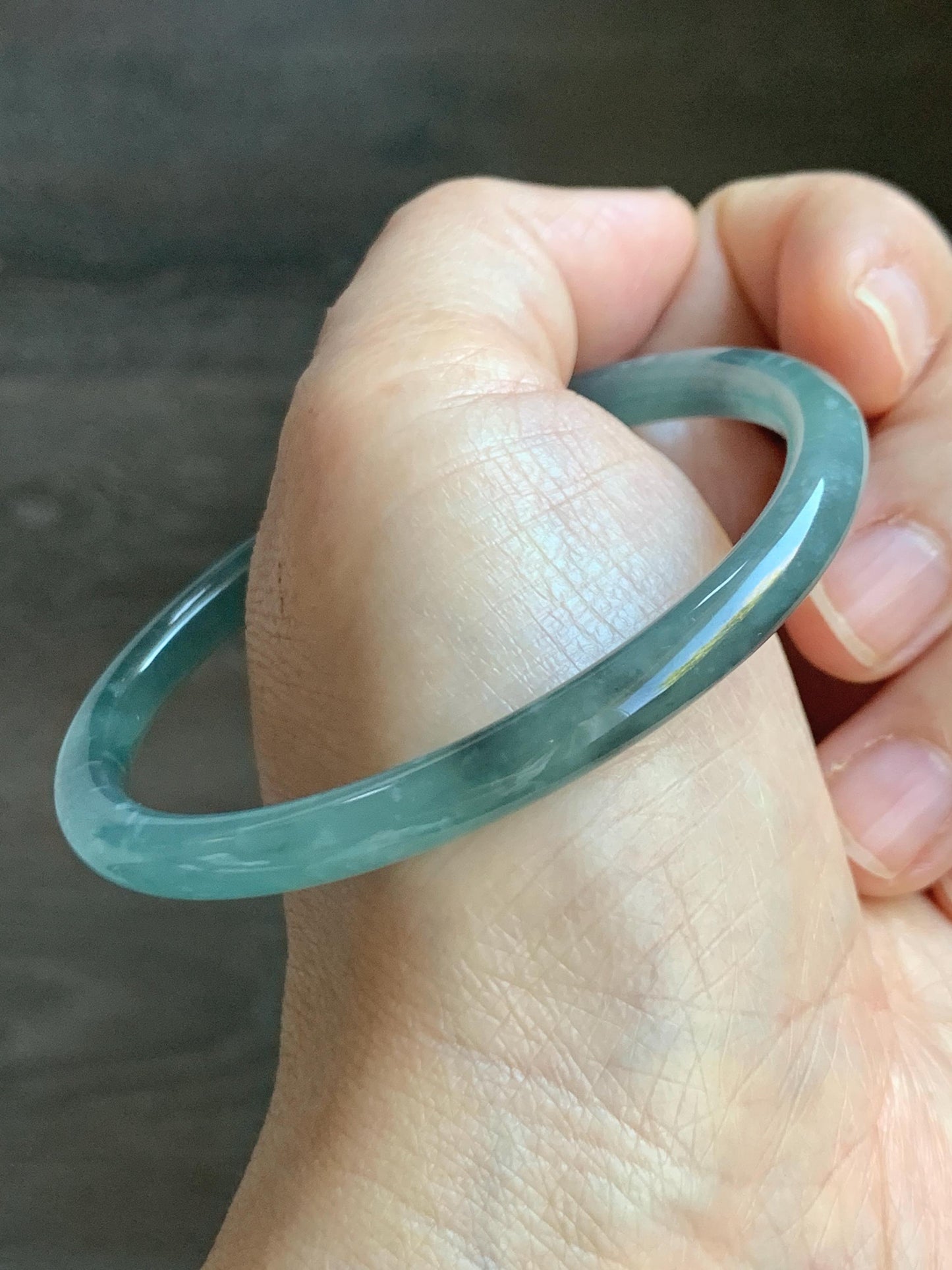 Certified Natural Grade A Guatemalan Icy Translucent Light Teal Wuji Jade Jadeite Slim Bangle 57.58mm 7.11” 18g 天然危晴蓝飘乌鸡翡翠细圆条手镯 727
