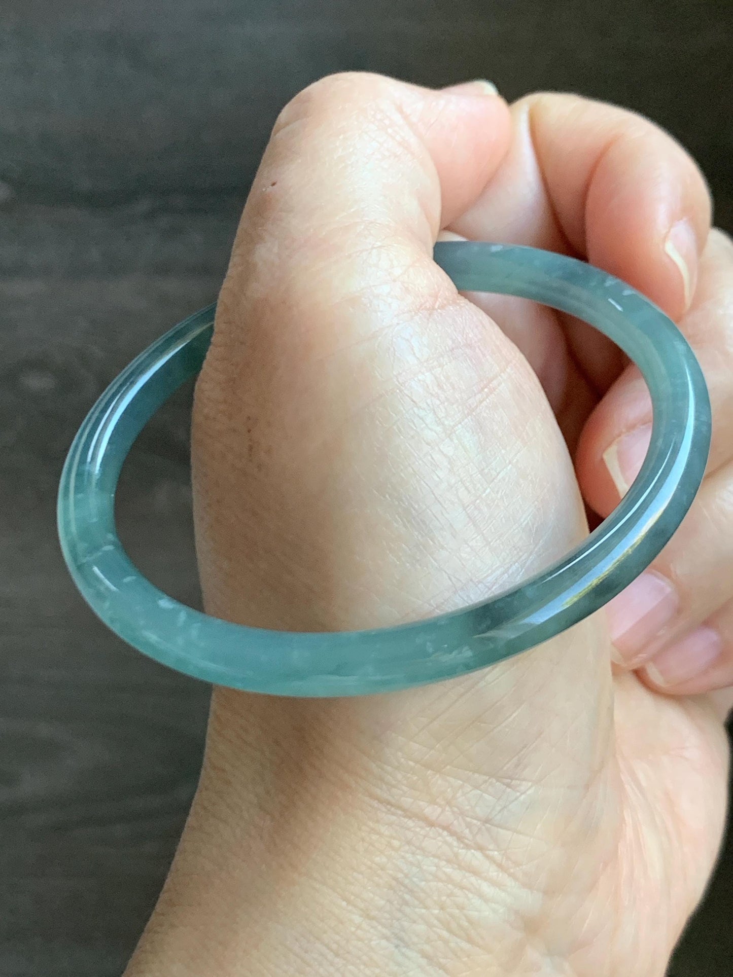Certified Natural Grade A Guatemalan Icy Translucent Light Teal Wuji Jade Jadeite Slim Bangle 57.58mm 7.11” 18g 天然危晴蓝飘乌鸡翡翠细圆条手镯 727