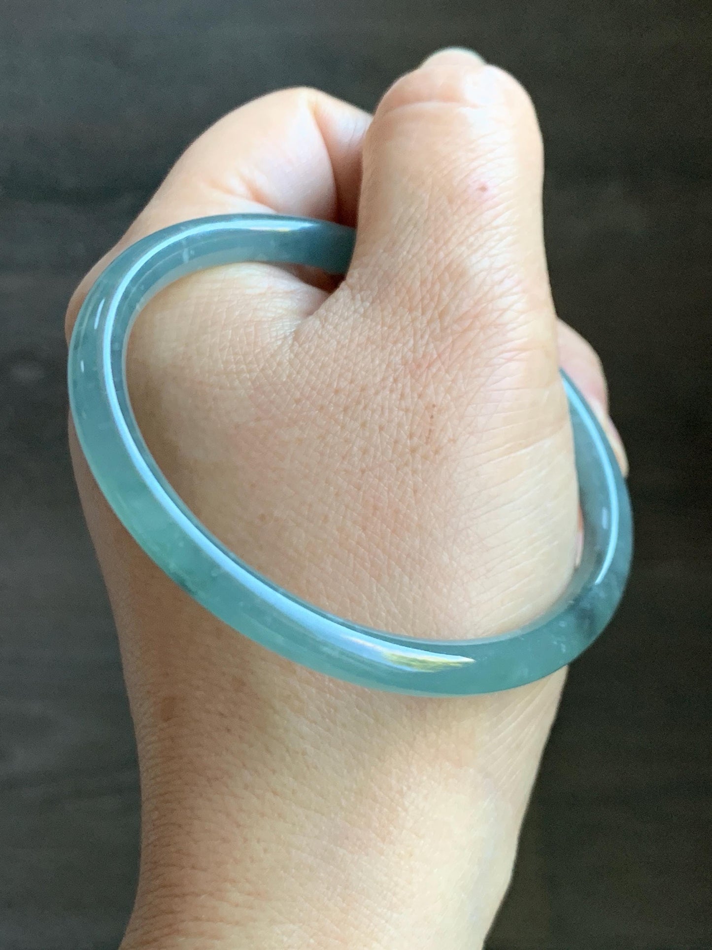 Certified Natural Grade A Guatemalan Icy Translucent Light Teal Wuji Jade Jadeite Slim Bangle 57.58mm 7.11” 18g 天然危晴蓝飘乌鸡翡翠细圆条手镯 727
