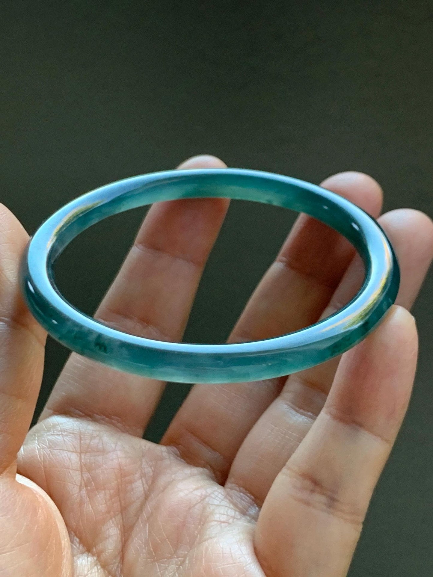 Certified Natural Grade A Guatemalan Icy Highly Translucent Dark Teal Blue Jade Jadeite Bangle 54.55mm 6.74” 18.6g 天然冰胶危深蓝绿翡翠细圆条手镯 721