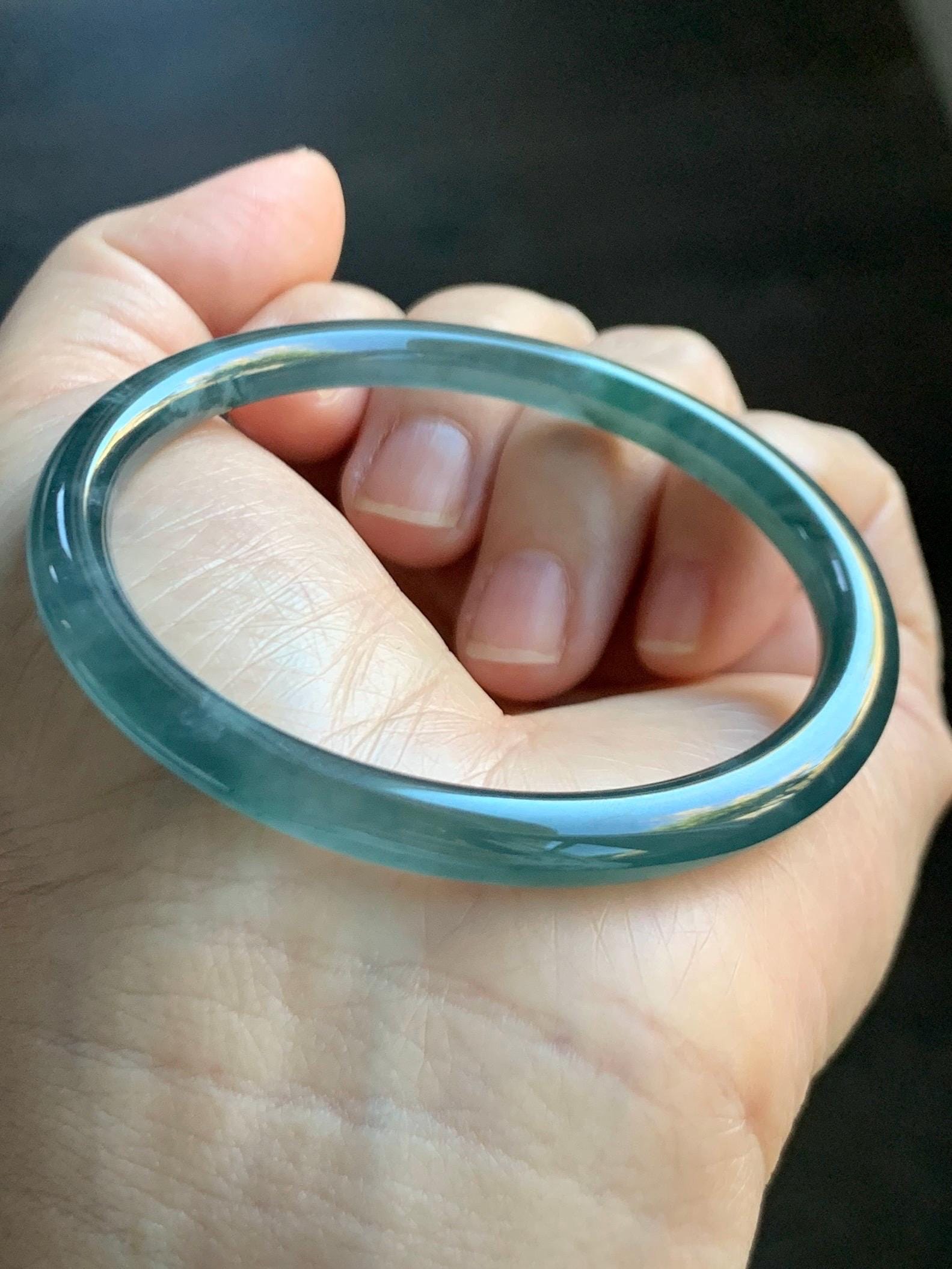 Certified Natural Grade A Guatemalan Icy Highly Translucent Dark Teal Blue Jade Jadeite Bangle 54.55mm 6.74” 18.6g 天然冰胶危深蓝绿翡翠细圆条手镯 721