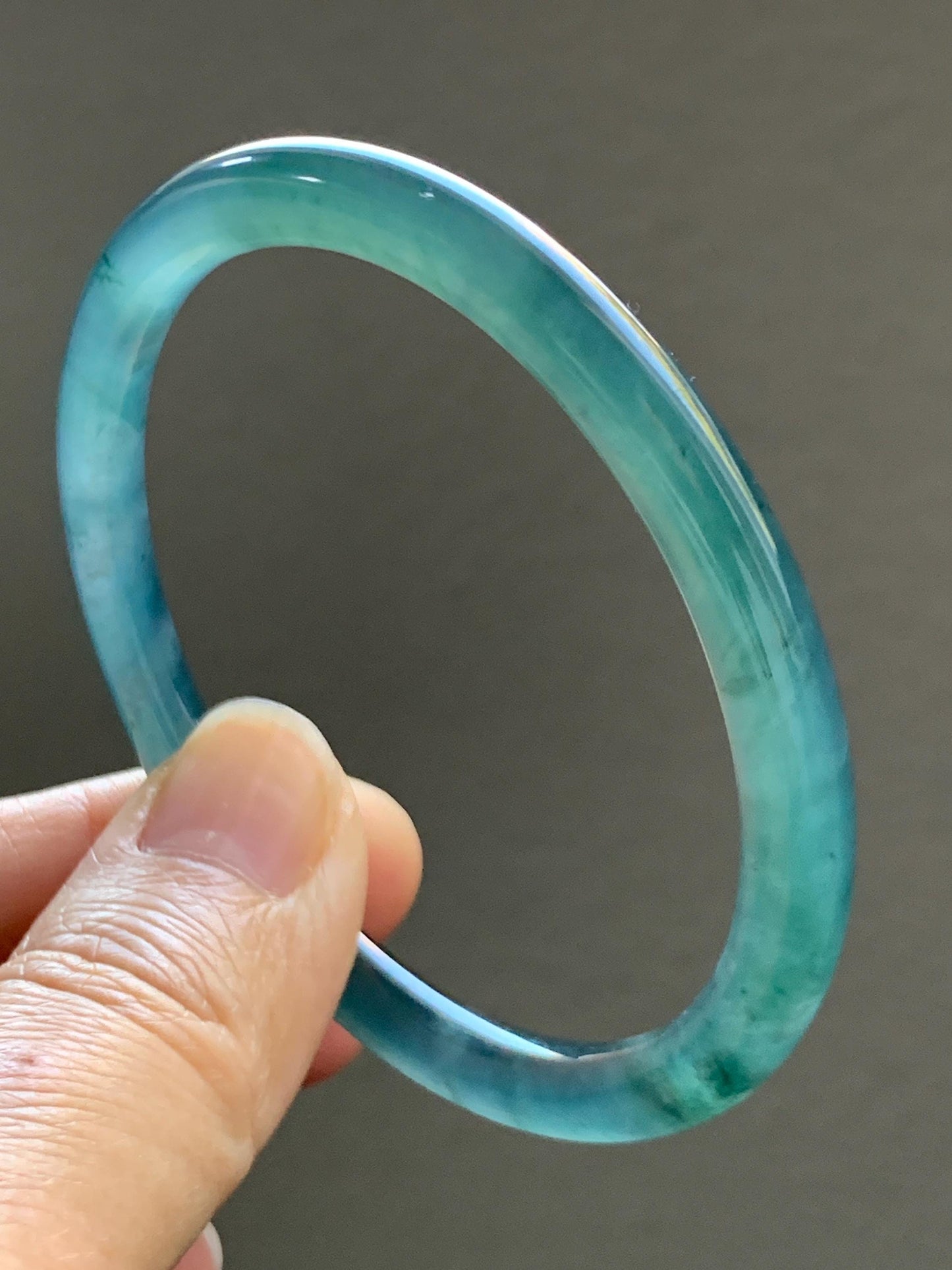 Certified Natural Grade A Guatemalan Icy Highly Translucent Dark Teal Blue Jade Jadeite Bangle 54.55mm 6.74” 18.6g 天然冰胶危深蓝绿翡翠细圆条手镯 721