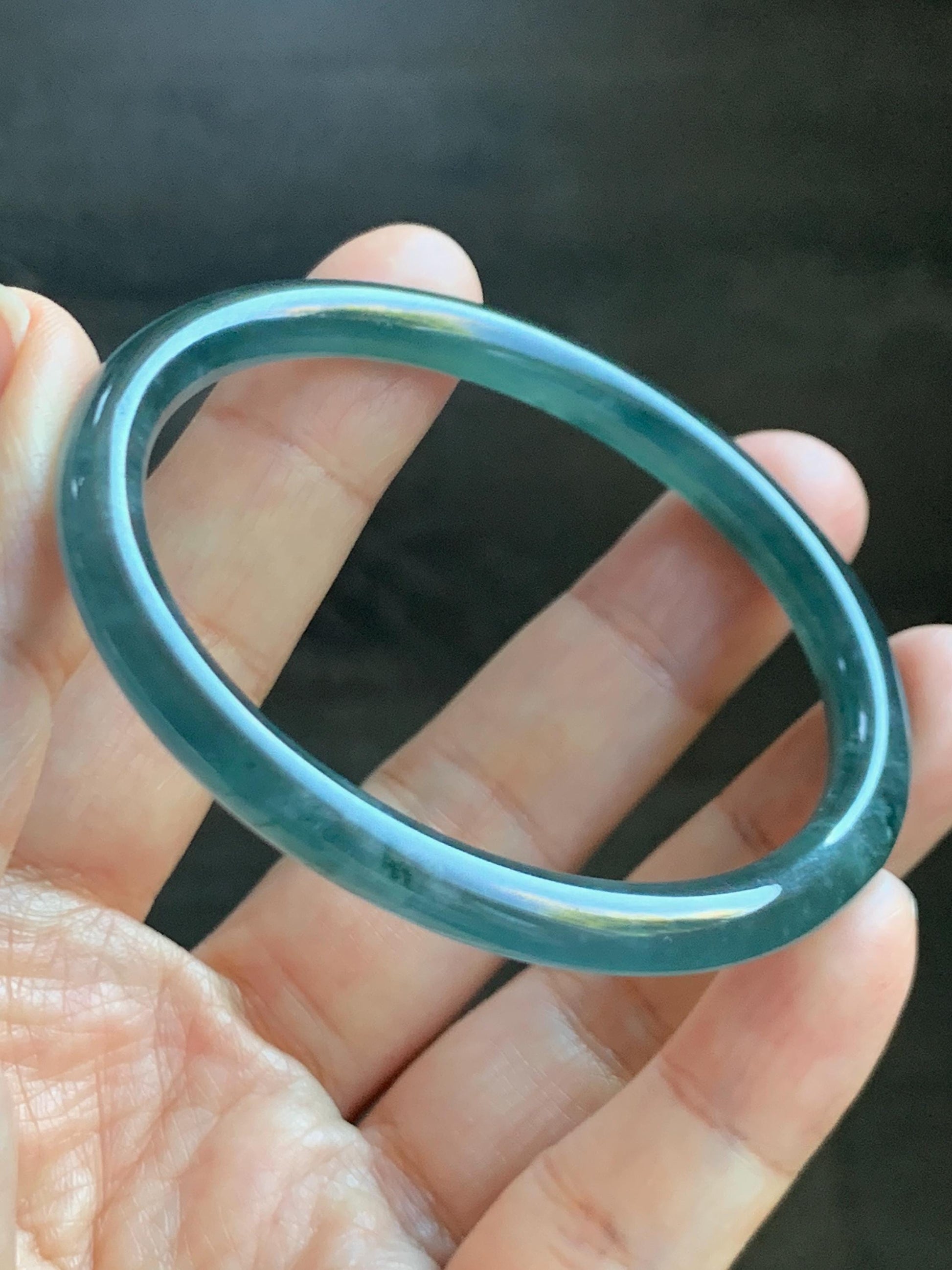 Certified Natural Grade A Guatemalan Icy Highly Translucent Dark Teal Blue Jade Jadeite Bangle 54.55mm 6.74” 18.6g 天然冰胶危深蓝绿翡翠细圆条手镯 721