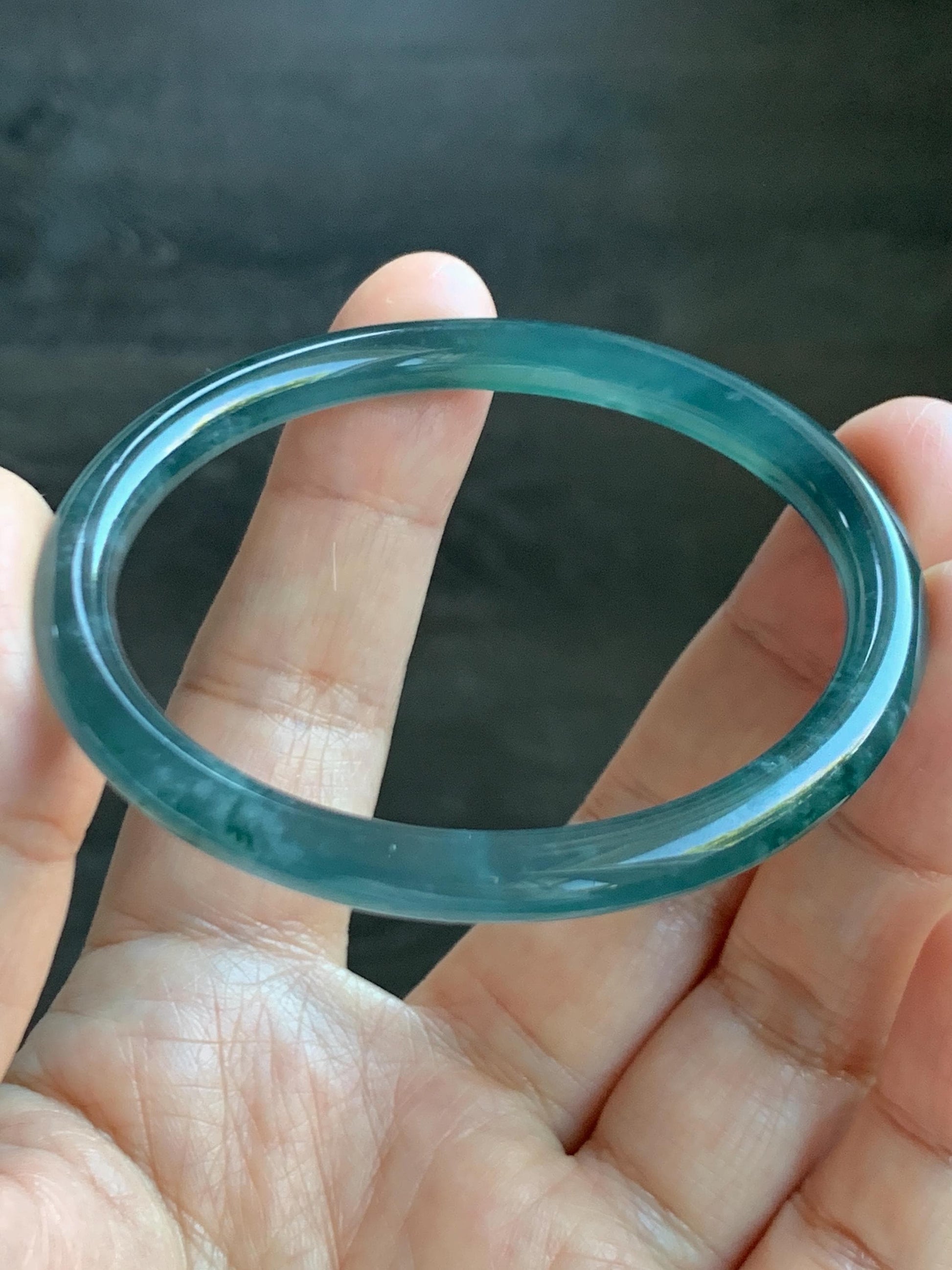 Certified Natural Grade A Guatemalan Icy Highly Translucent Dark Teal Blue Jade Jadeite Bangle 54.55mm 6.74” 18.6g 天然冰胶危深蓝绿翡翠细圆条手镯 721