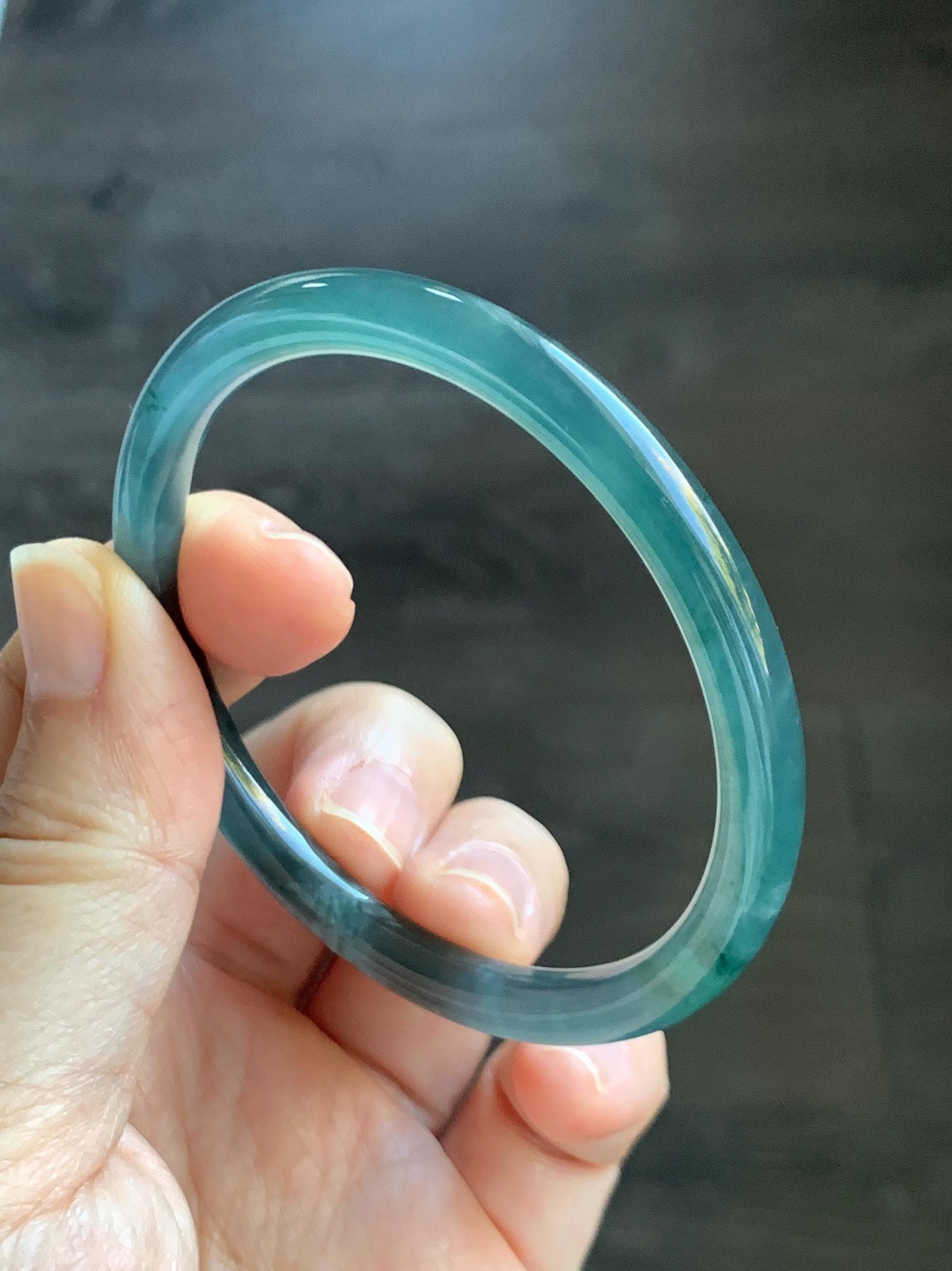 Certified Natural Grade A Guatemalan Icy Highly Translucent Dark Teal Blue Jade Jadeite Bangle 54.55mm 6.74” 18.6g 天然冰胶危深蓝绿翡翠细圆条手镯 721