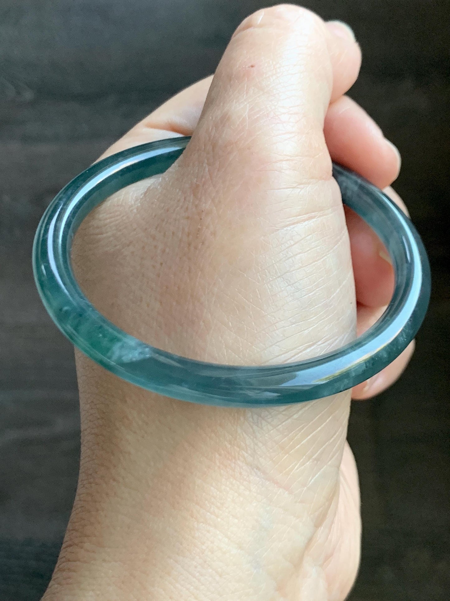 Certified Natural Grade A Guatemalan Icy Highly Translucent Dark Teal Blue Jade Jadeite Bangle 54.55mm 6.74” 18.6g 天然冰胶危深蓝绿翡翠细圆条手镯 721