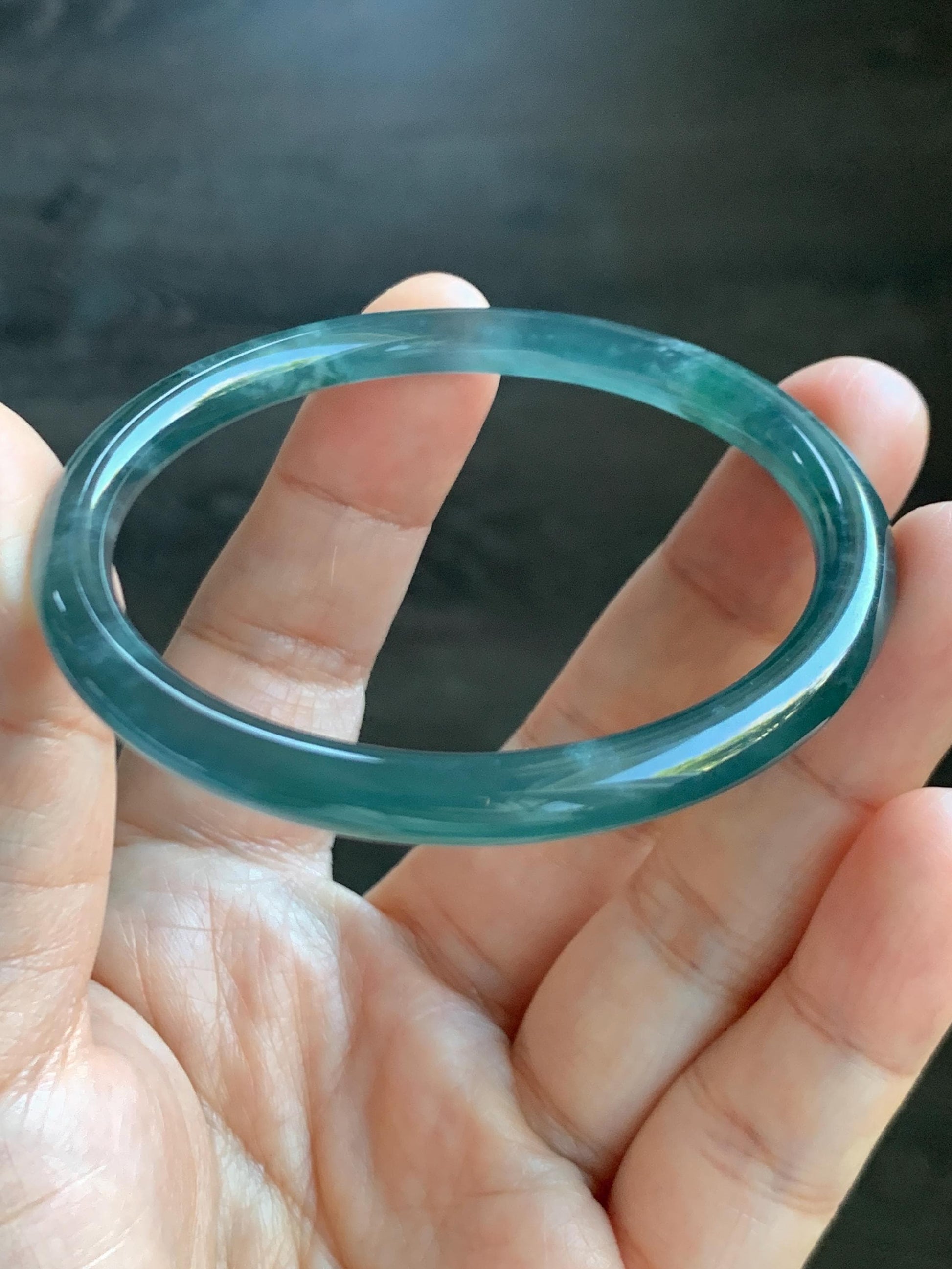 Certified Natural Grade A Guatemalan Icy Highly Translucent Dark Teal Blue Jade Jadeite Bangle 54.55mm 6.74” 18.6g 天然冰胶危深蓝绿翡翠细圆条手镯 721