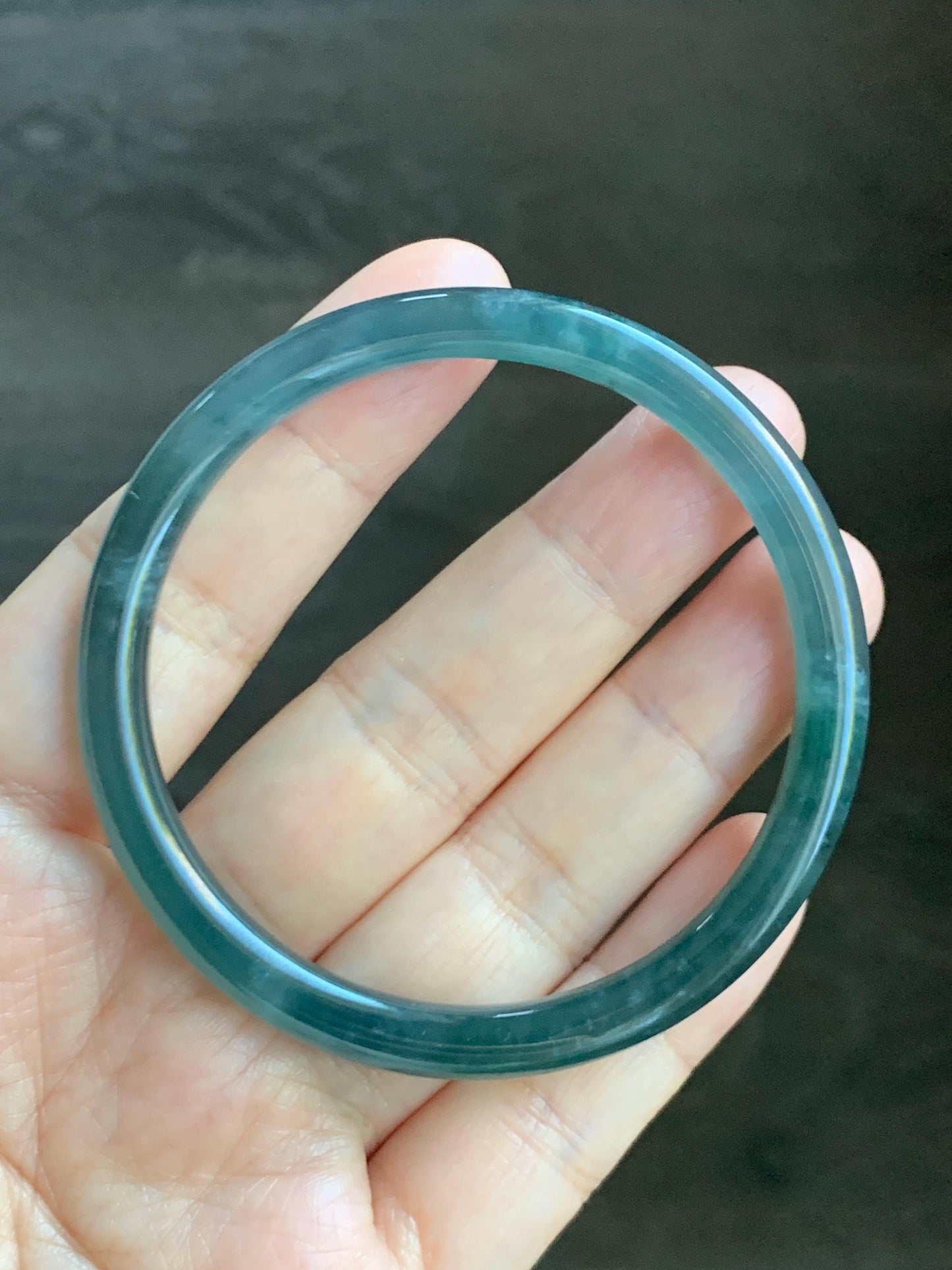 Certified Natural Grade A Guatemalan Icy Highly Translucent Dark Teal Blue Jade Jadeite Bangle 54.55mm 6.74” 18.6g 天然冰胶危深蓝绿翡翠细圆条手镯 721