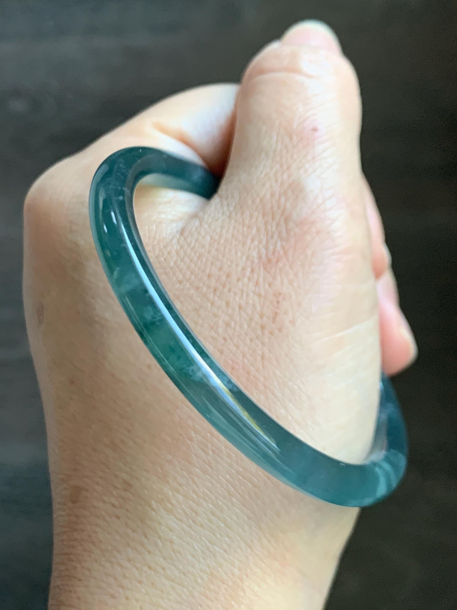 Certified Natural Grade A Guatemalan Icy Highly Translucent Dark Teal Blue Jade Jadeite Bangle 54.55mm 6.74” 18.6g 天然冰胶危深蓝绿翡翠细圆条手镯 721